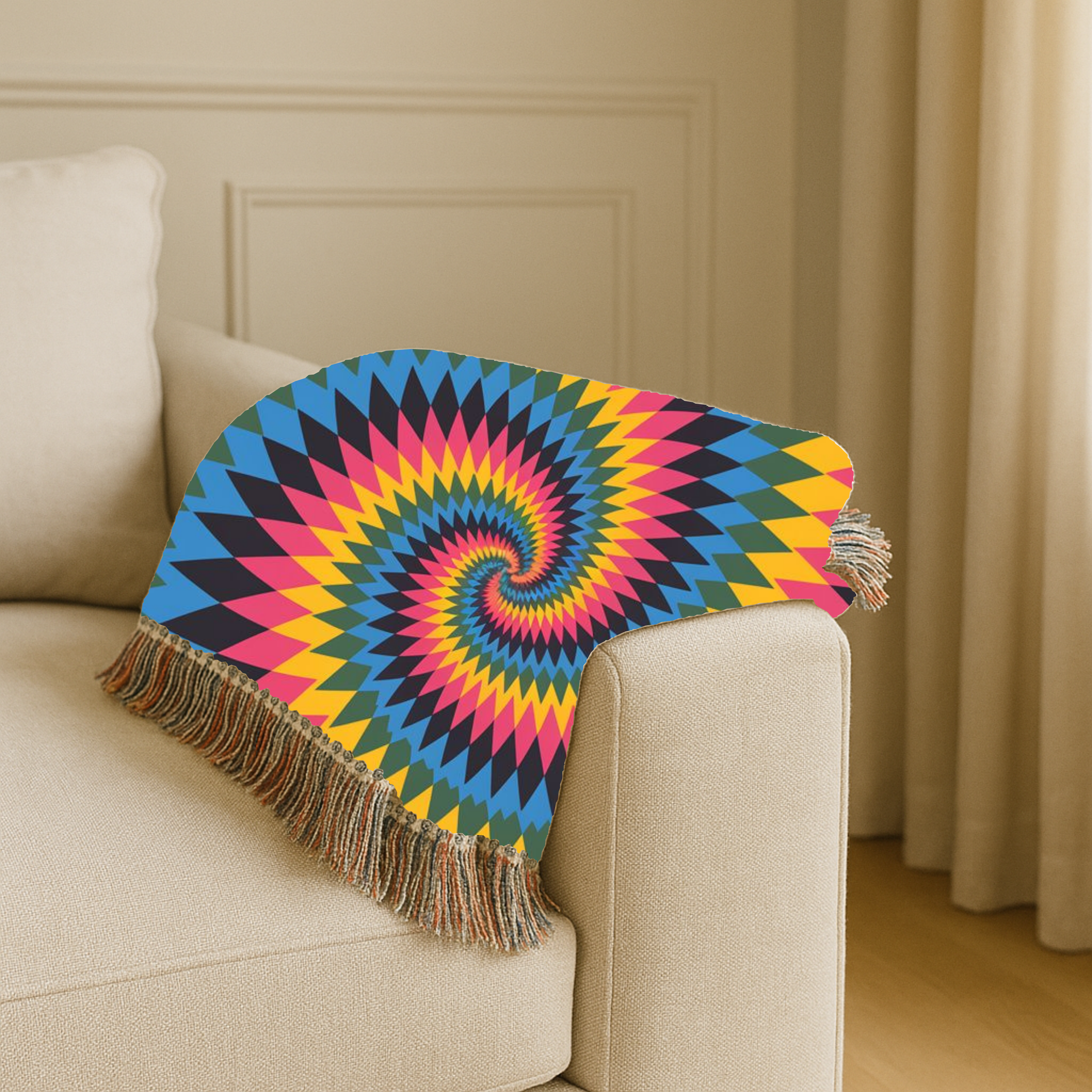 Spectrum Throw — 1990s Rainbow Spiral Woven Blanket