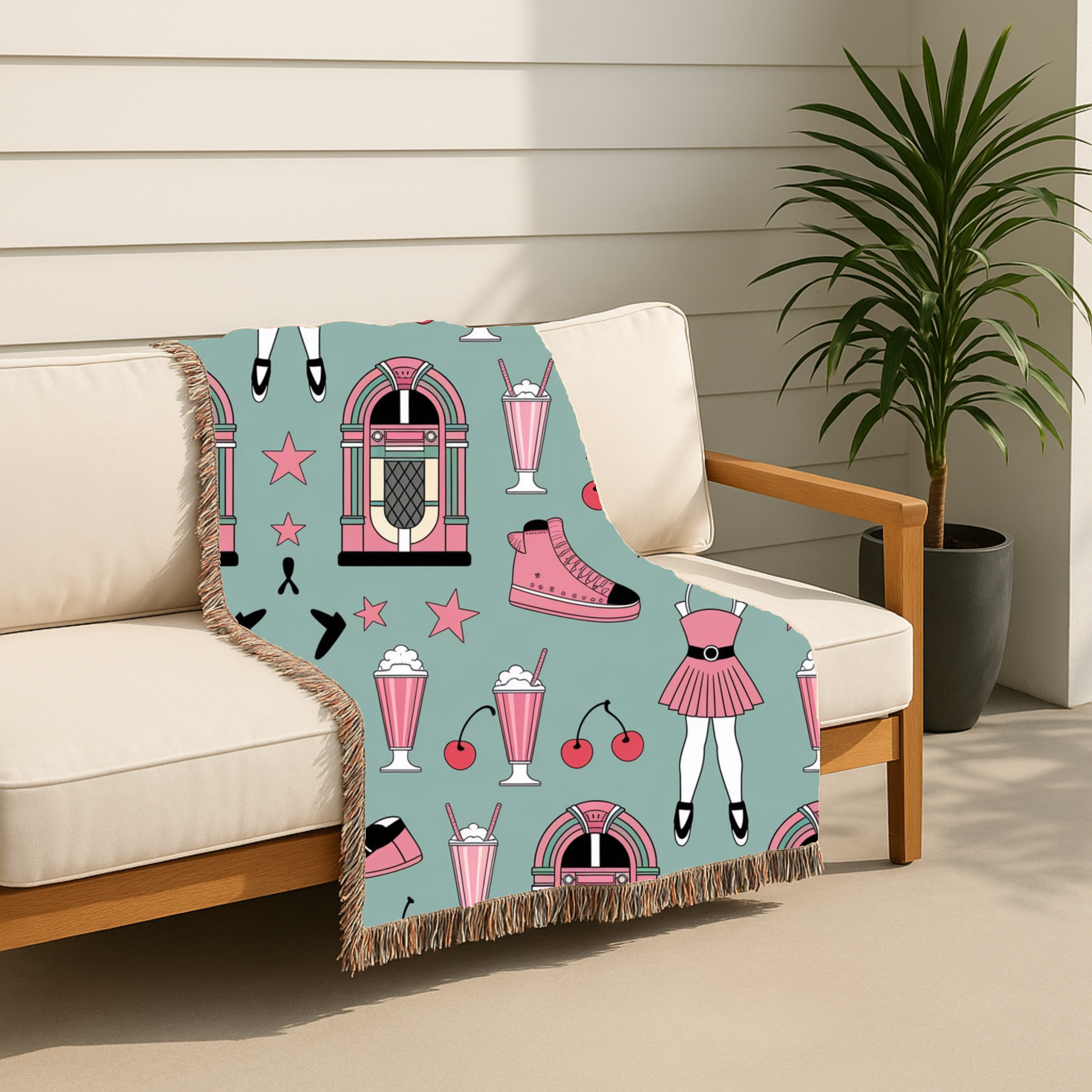 🎵🥤Milkshake Throw — 1950s Diner Style Woven Blanket