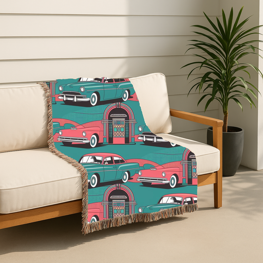 🎵 Rock Around Throw — 1950s Diner Jukebox Woven Blanket