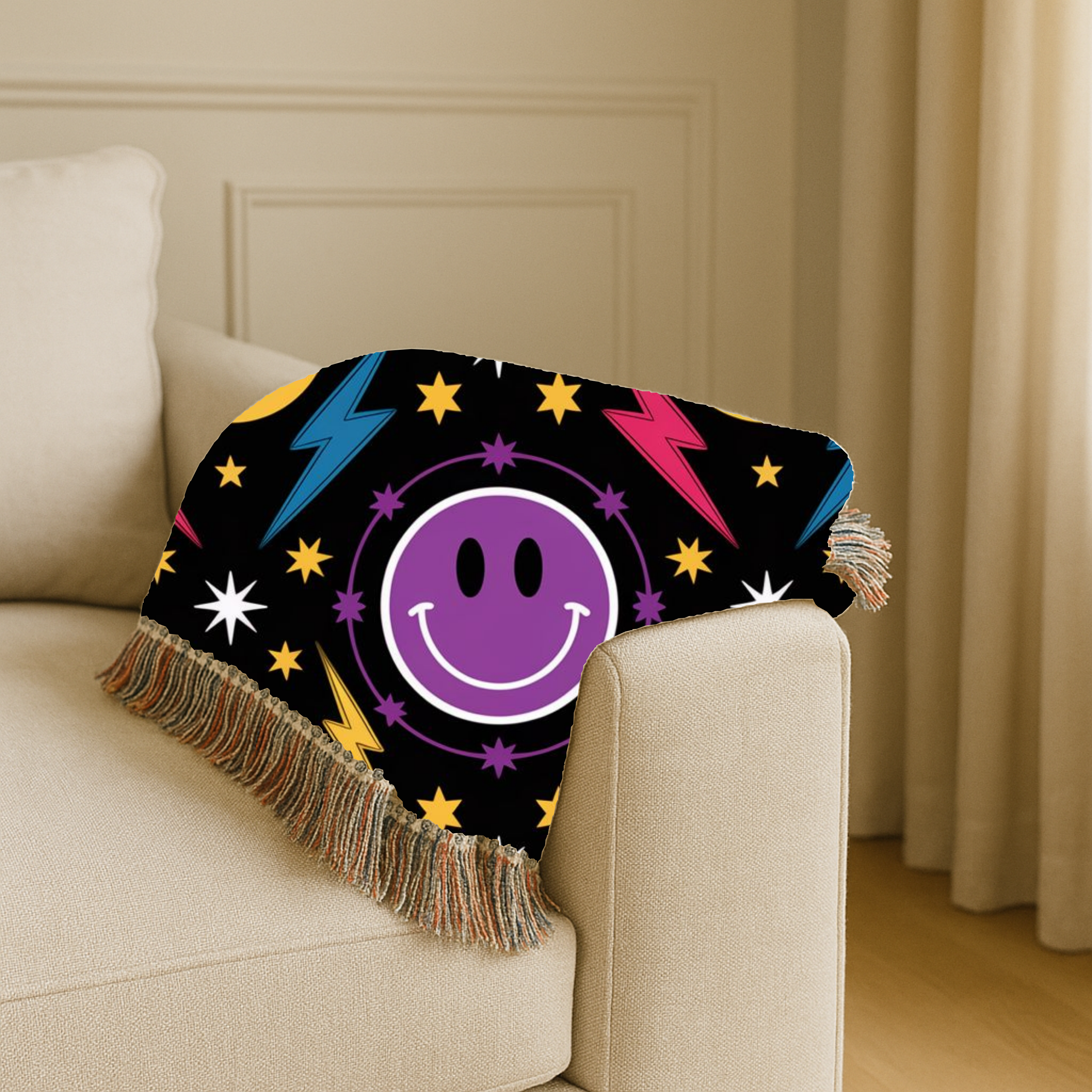 Bolts & Smiles Throw — 1990s Smiley & Lightning Woven Blanket