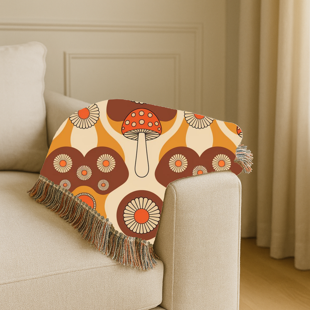 Mushroom Garden Throw — 1970s Retro Fungi Woven Blanket