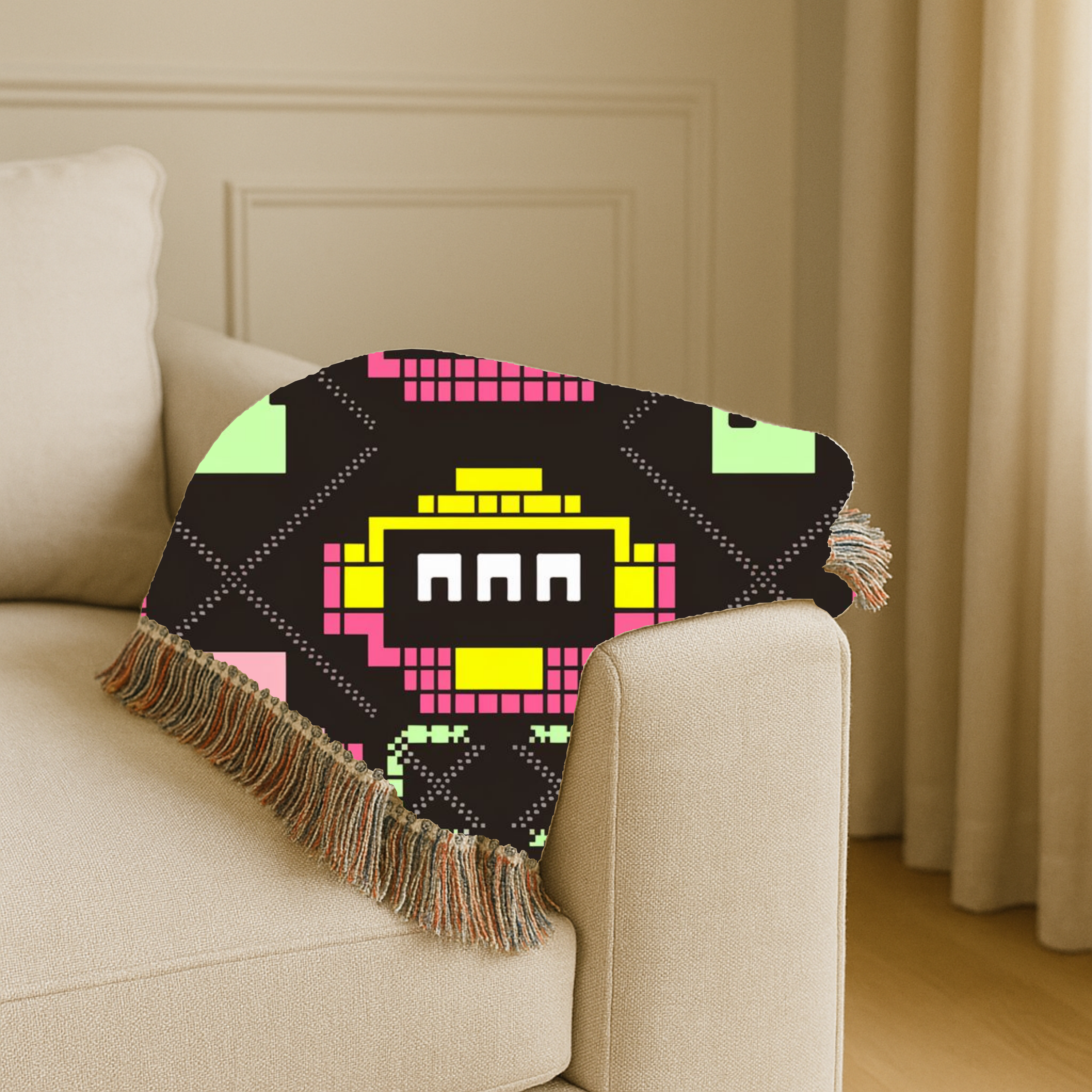 Pixel Robot Throw — 1980s Arcade Game Woven Blanket