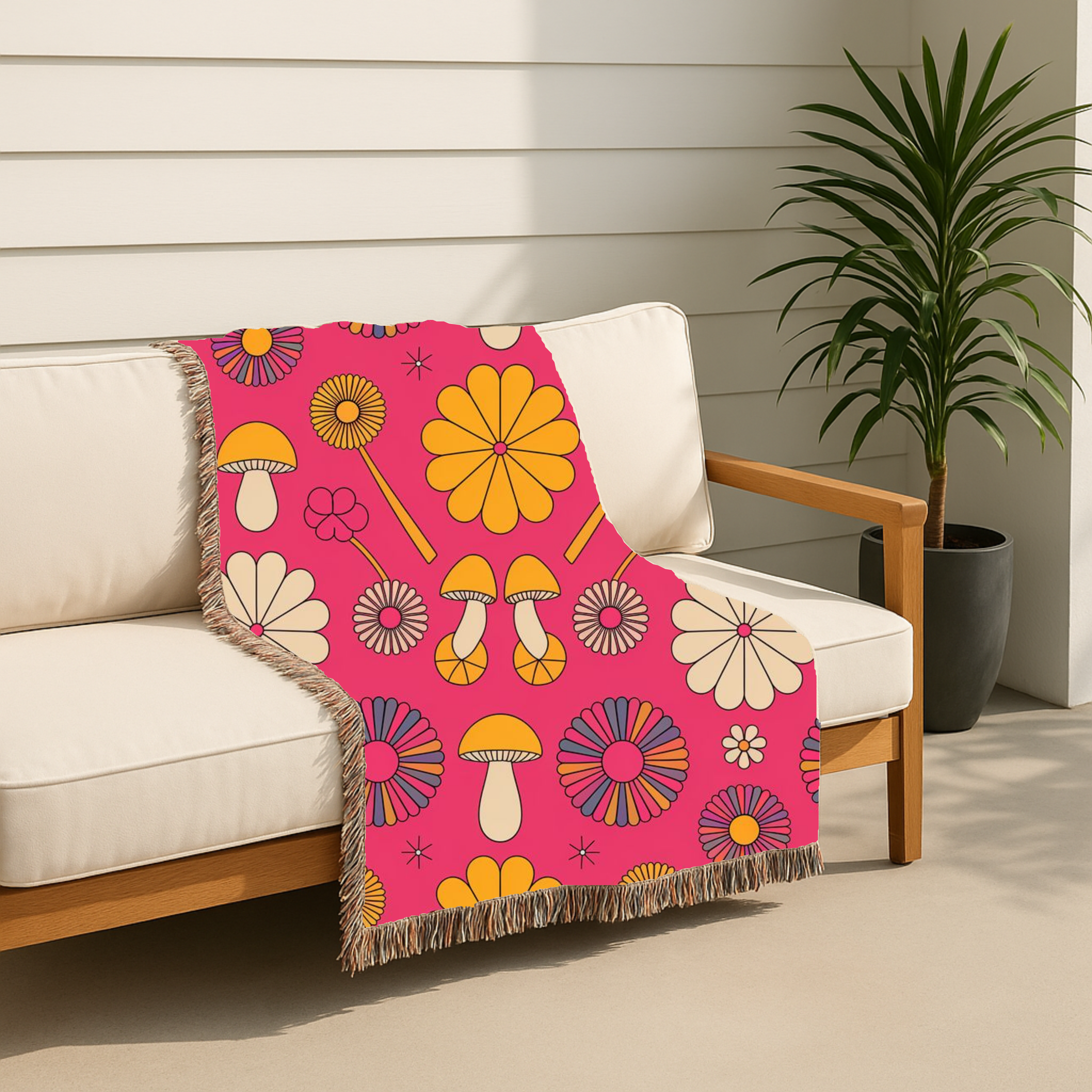🌸 Groovy Garden Throw — 1960s Rainbow Flower Woven Blanket