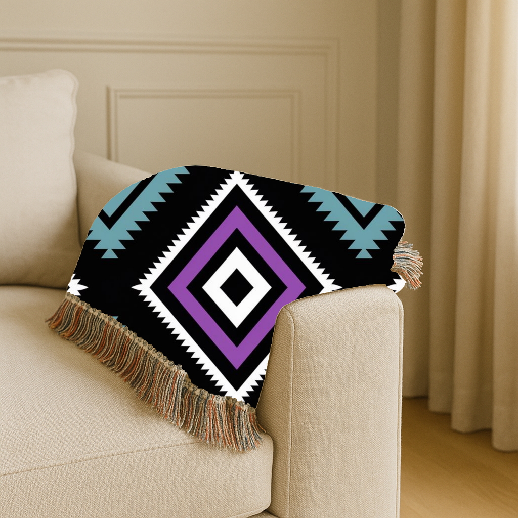 Neon Tribe Throw — 1990s Teal & Purple Geometric Woven Blanket