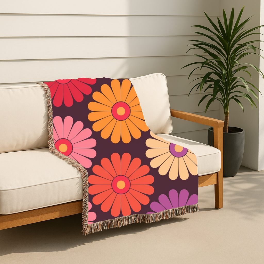 🌼 Velvet Daisy Throw — 1960s Flower Power Woven Blanket