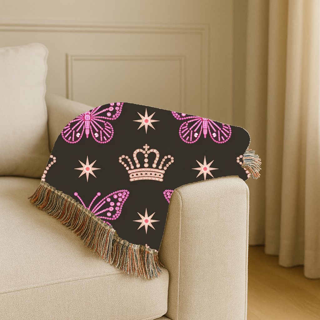 Crown & Wings Throw — 2000s Y2K Butterfly Crown Woven Blanket