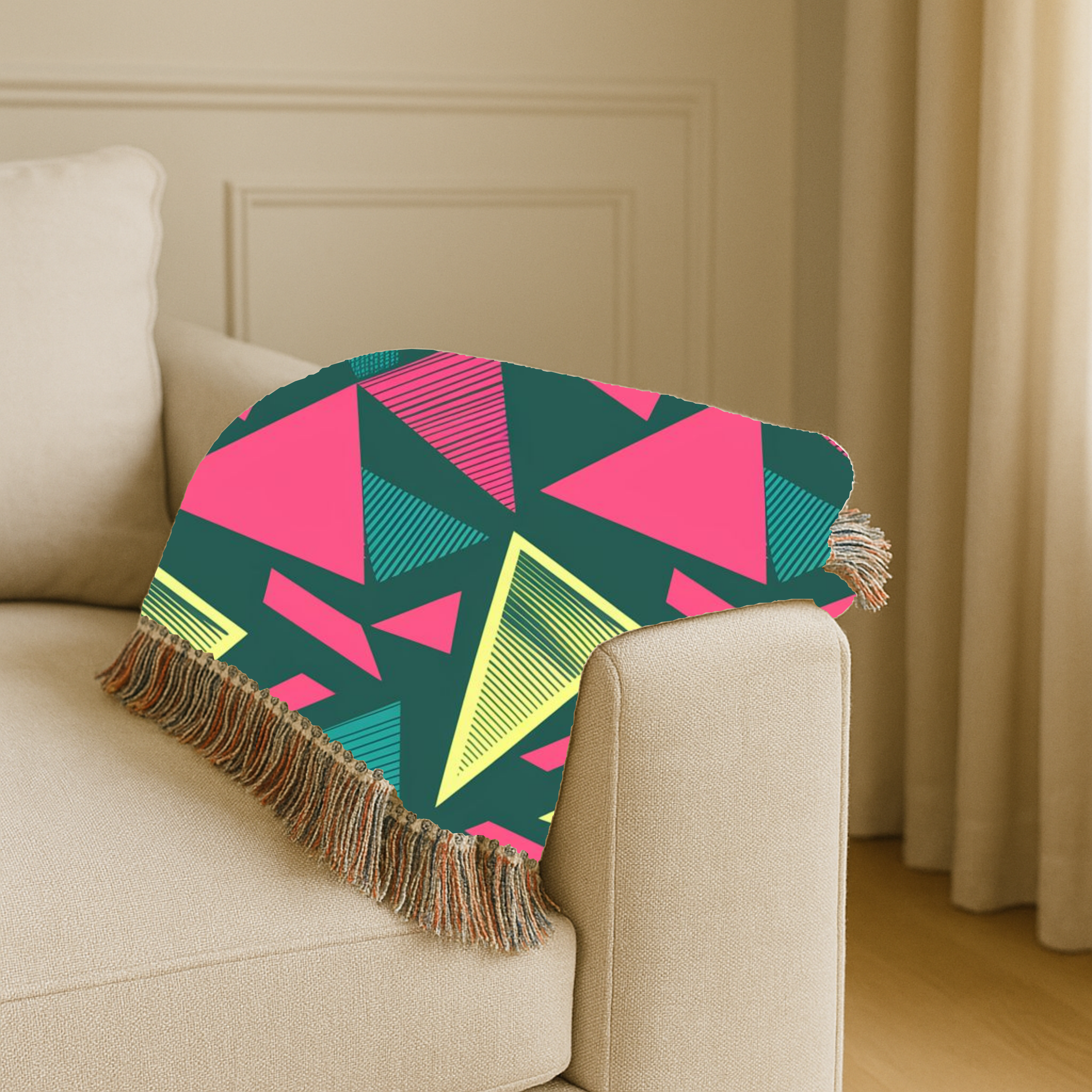 Neon Triangle Throw — 1980s Memphis Geometric Woven Blanket