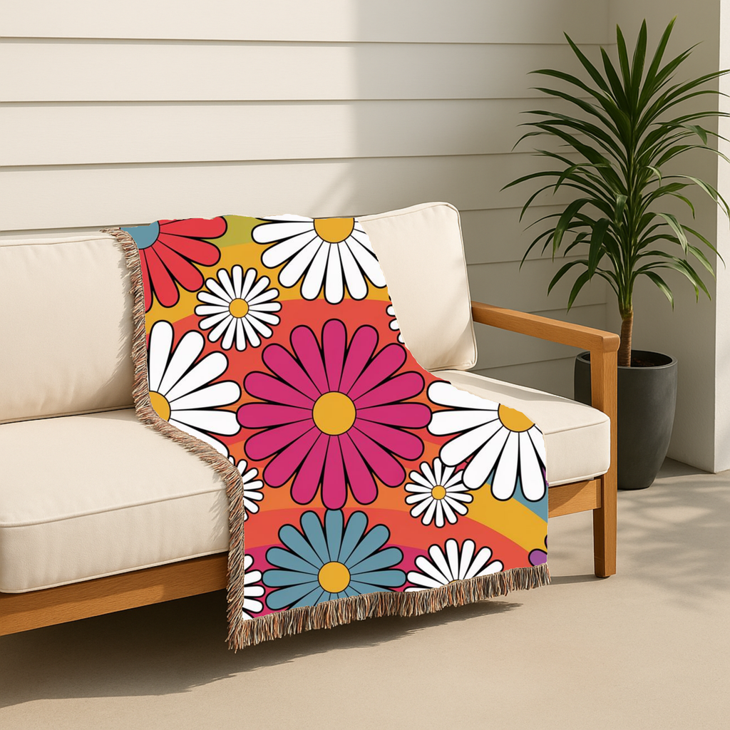 🌈  Over The Rainbow Throw — 1960s Flower Power Woven Blanket