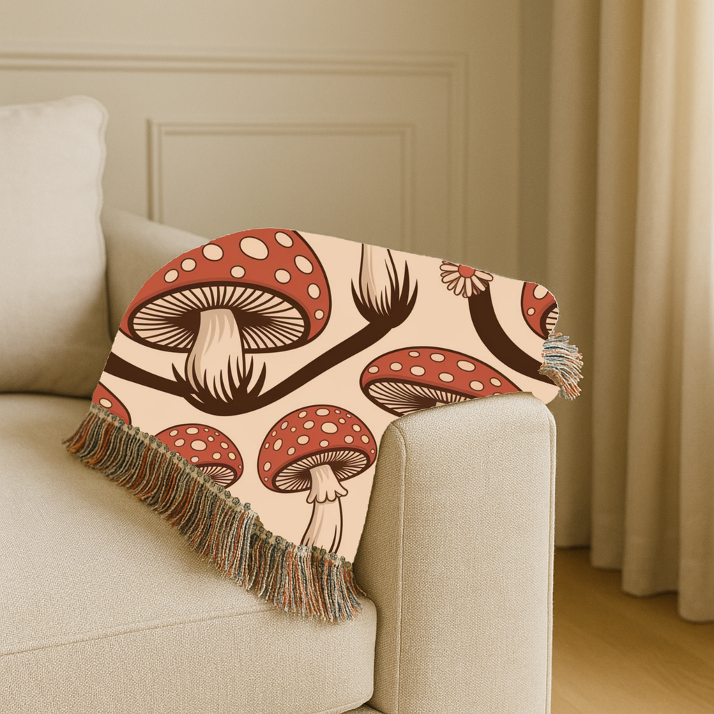 Forest Floor Throw — 1970s Woodland Mushroom Woven Blanket