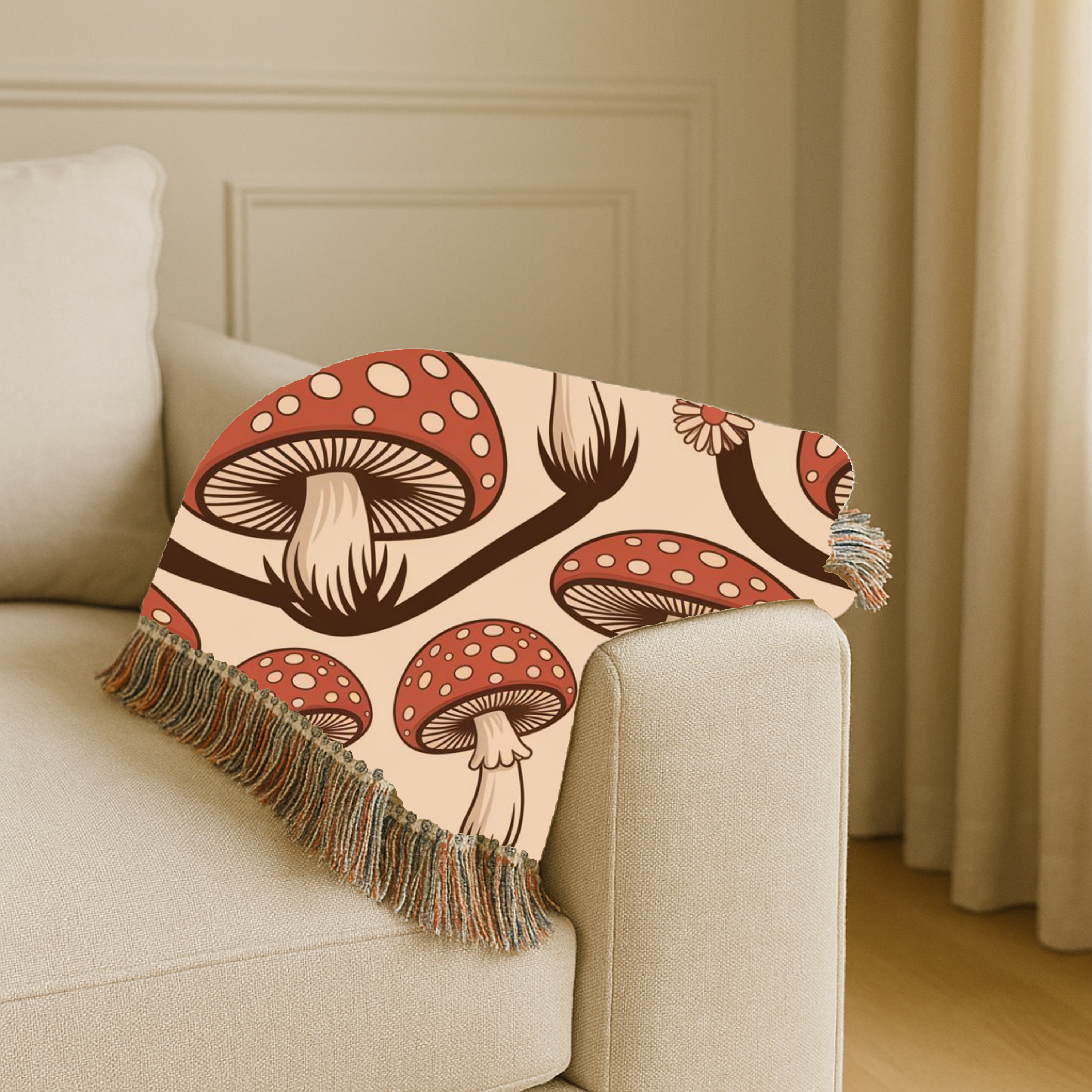Forest Floor Throw — 1970s Woodland Mushroom Woven Blanket