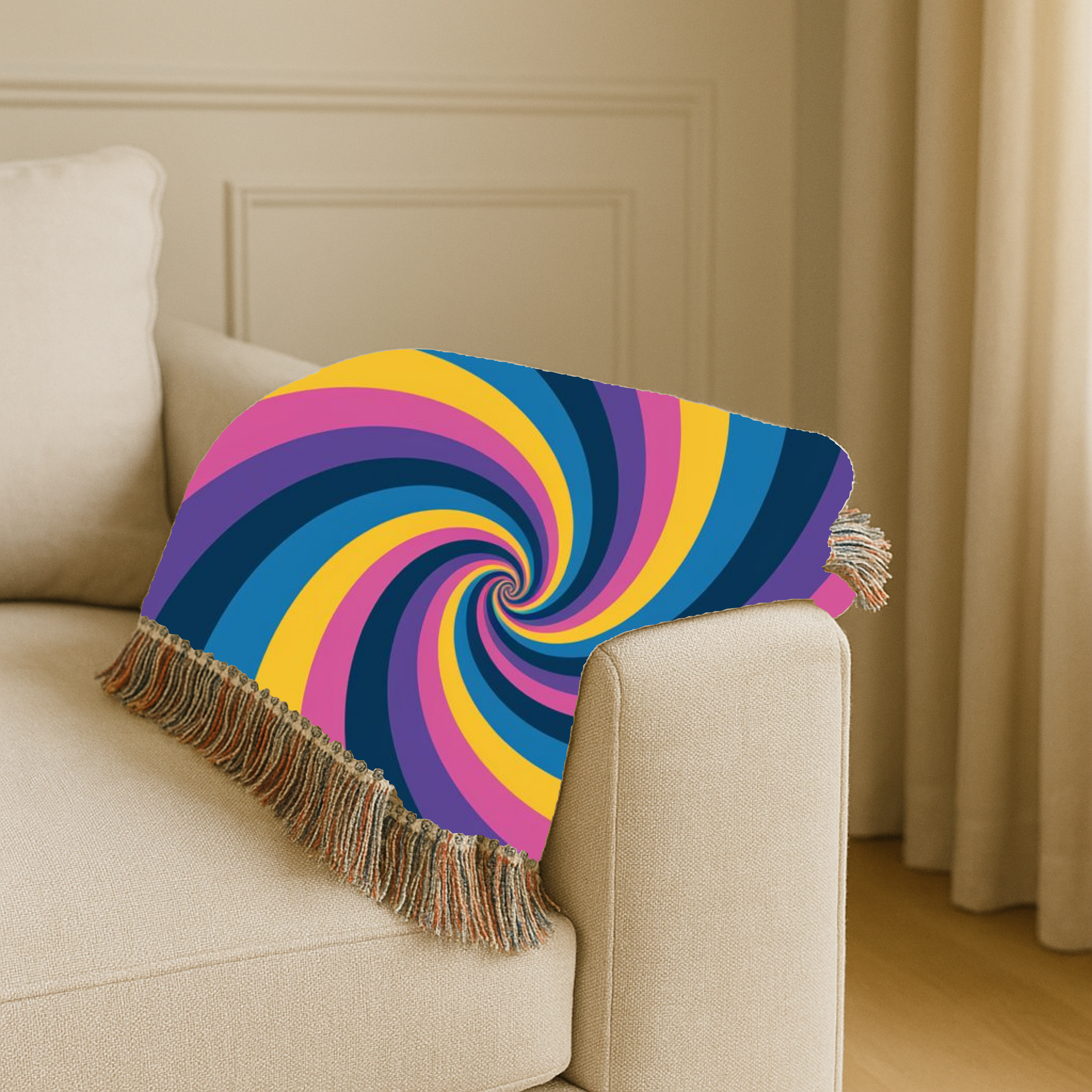 Hypnotic Throw — 1990s Psychedelic Swirl Woven Blanket