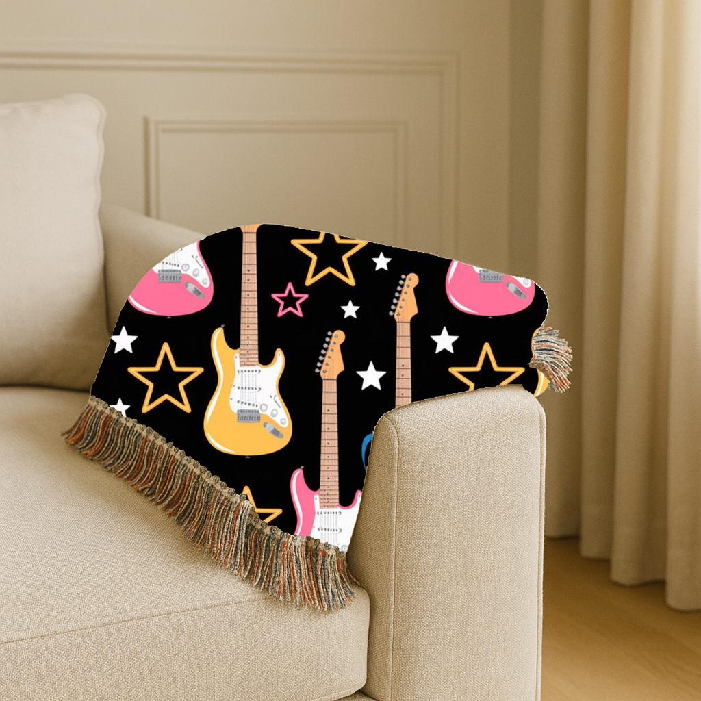 Woven Electric Guitar Throw Blanket | Pink Yellow Blue Black Stars, 1980s Rock Décor