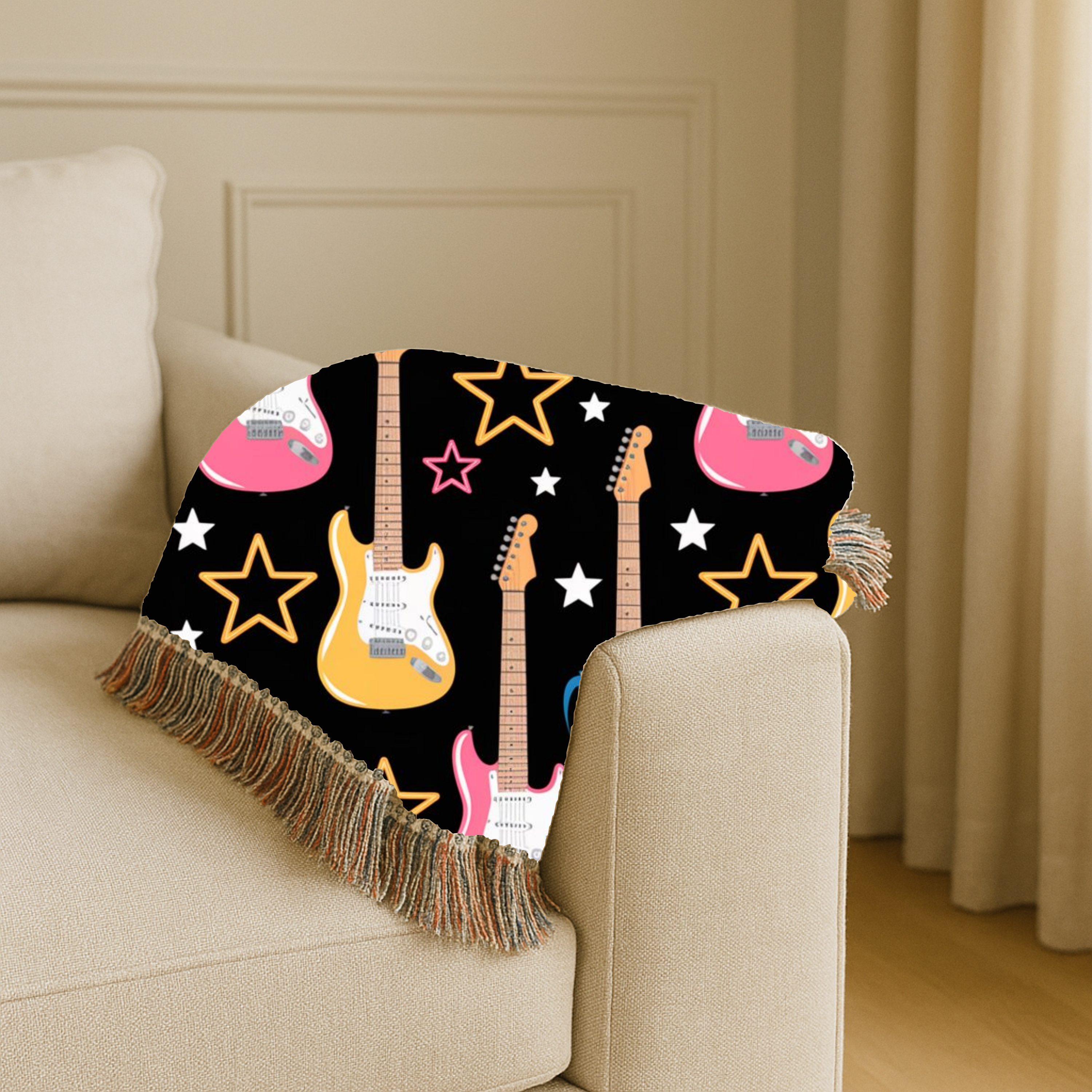 Woven Electric Guitar Throw Blanket | Pink Yellow Blue Black Stars, 1980s Rock Décor
