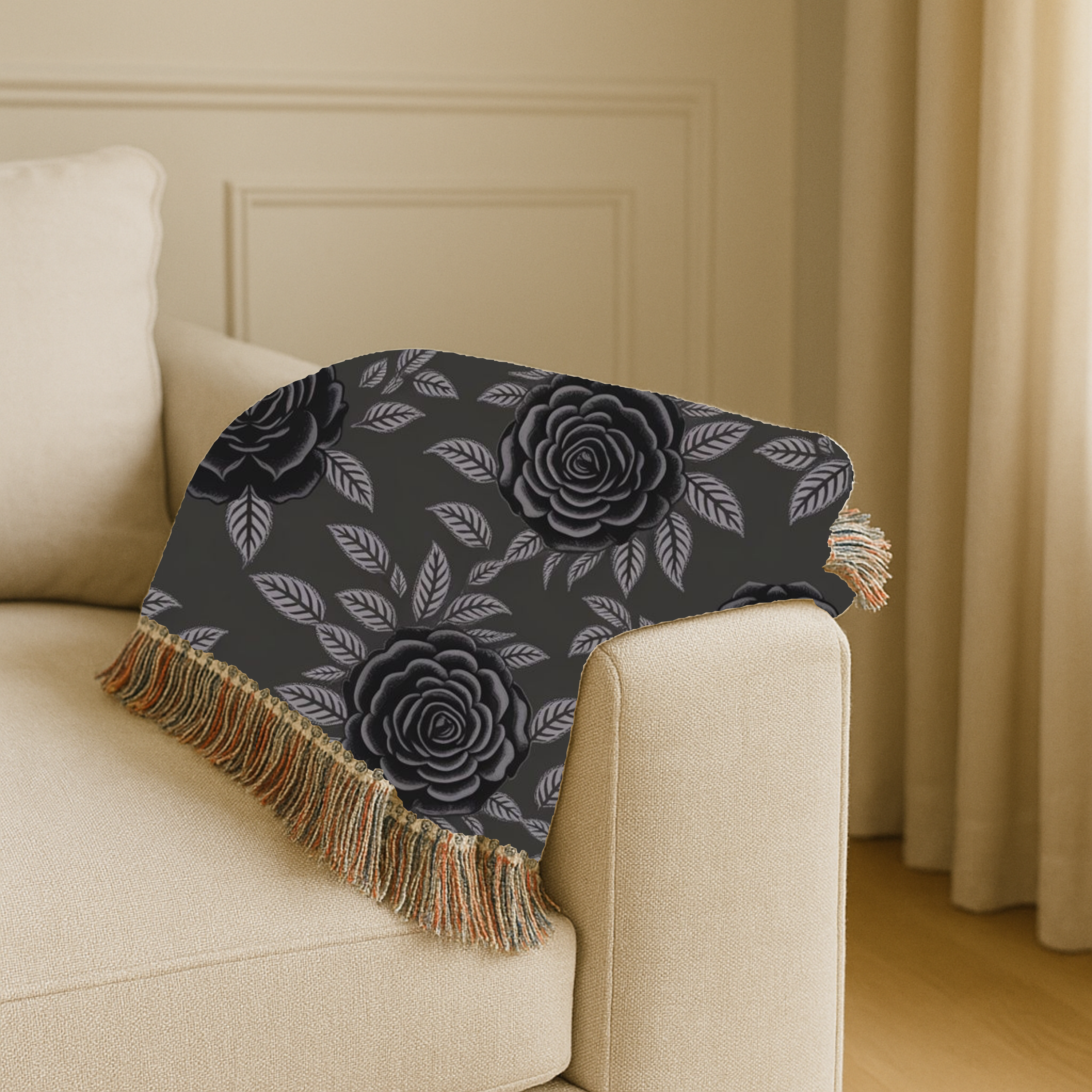 Midnight Rose Throw — 1990s Gothic Floral Woven Blanket