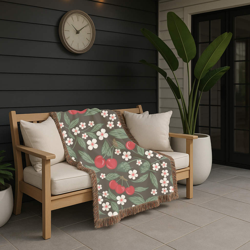 🍒 Cherry Blossom Throw -  1950s Vintage Kitchen Woven Blanket