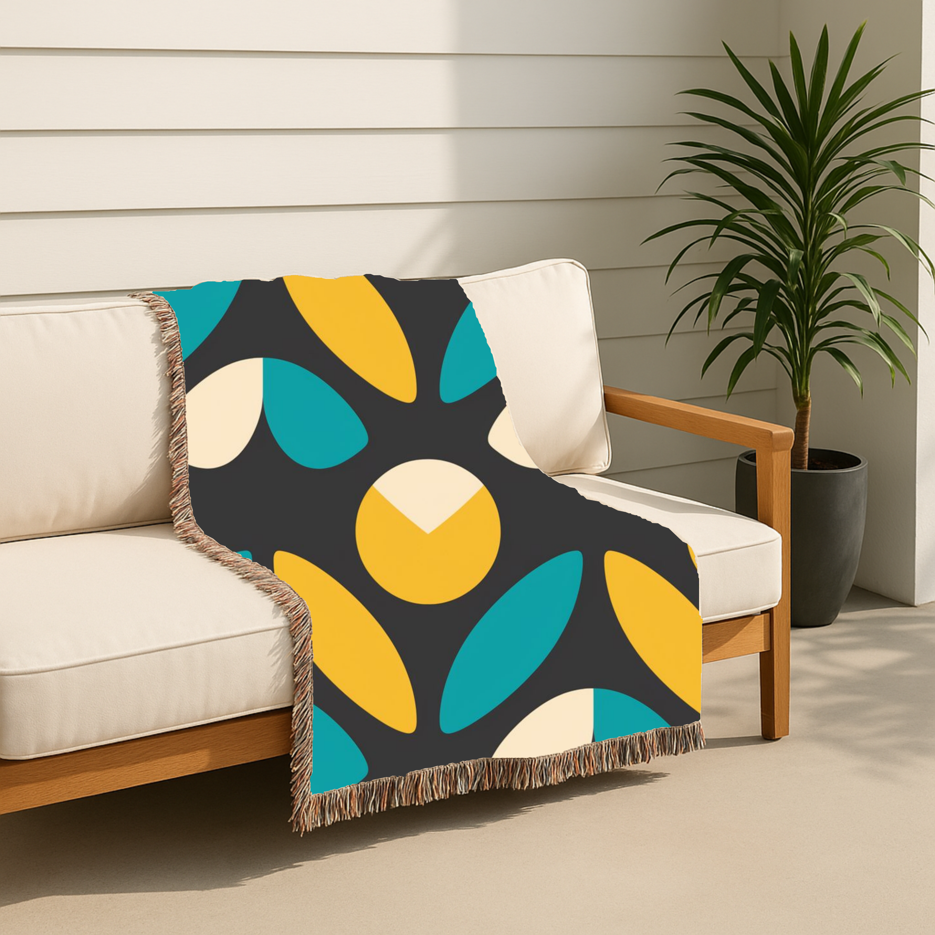 Mod Petal Throw — 1960s Geometric Botanical Woven Blanket