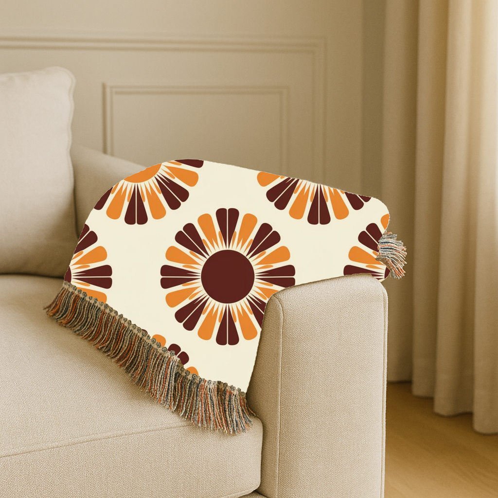 Harvest Sunflower Throw — 1970s Folk Sunflower Woven Blanket