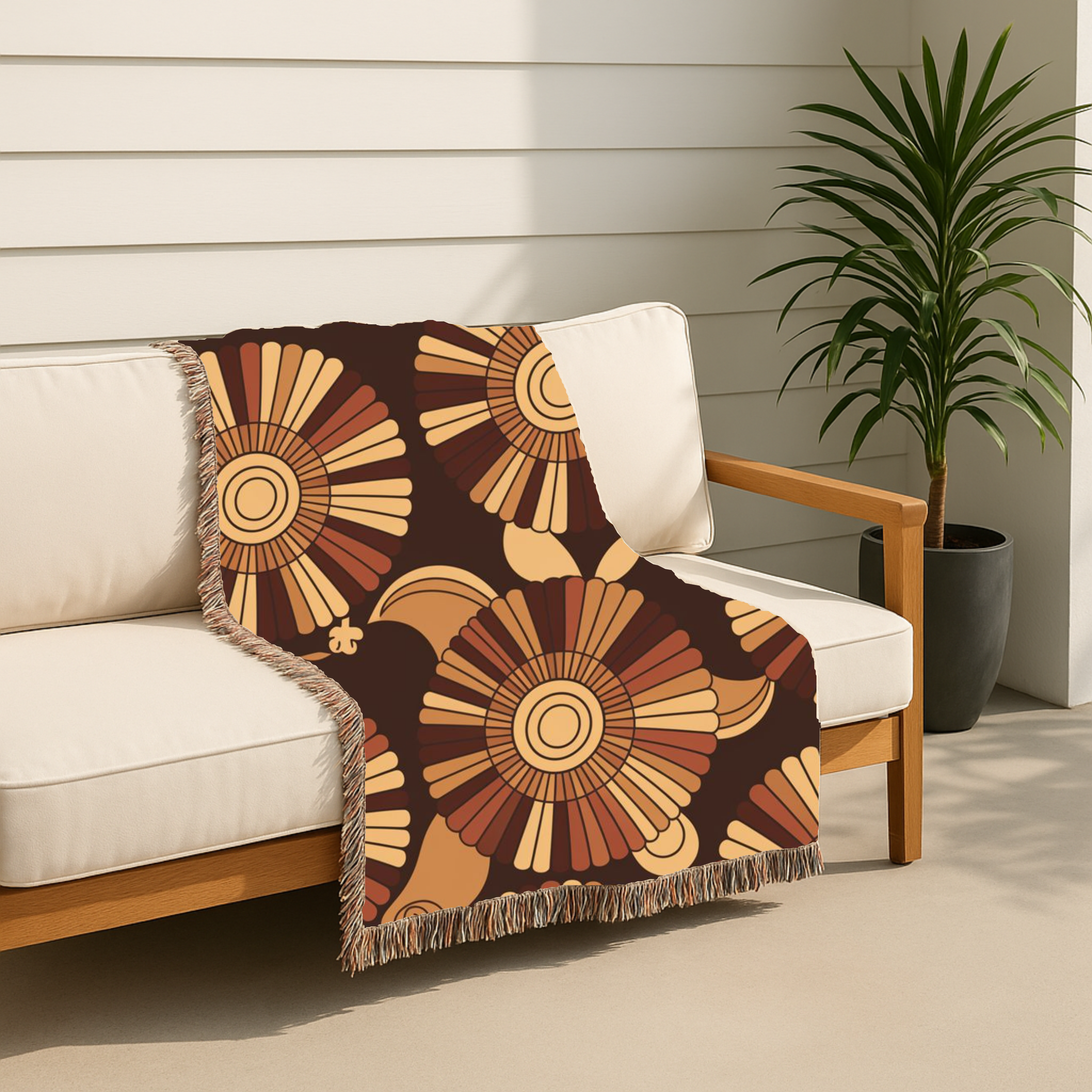 🌻  Tawny Bloom Throw — 1970s Art Nouveau Woven Blanket