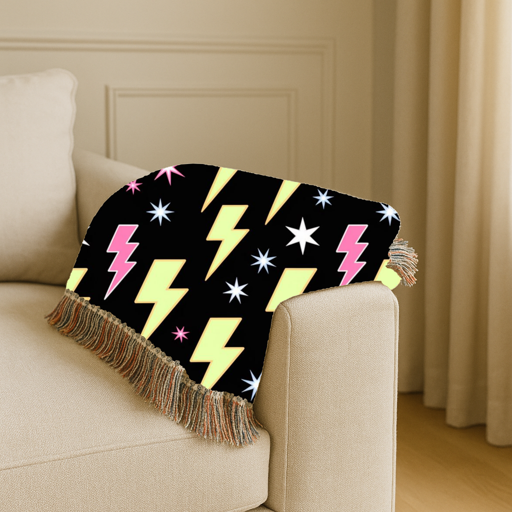 Lightning Strike Throw — 1980s Neon Bolt Woven Blanket