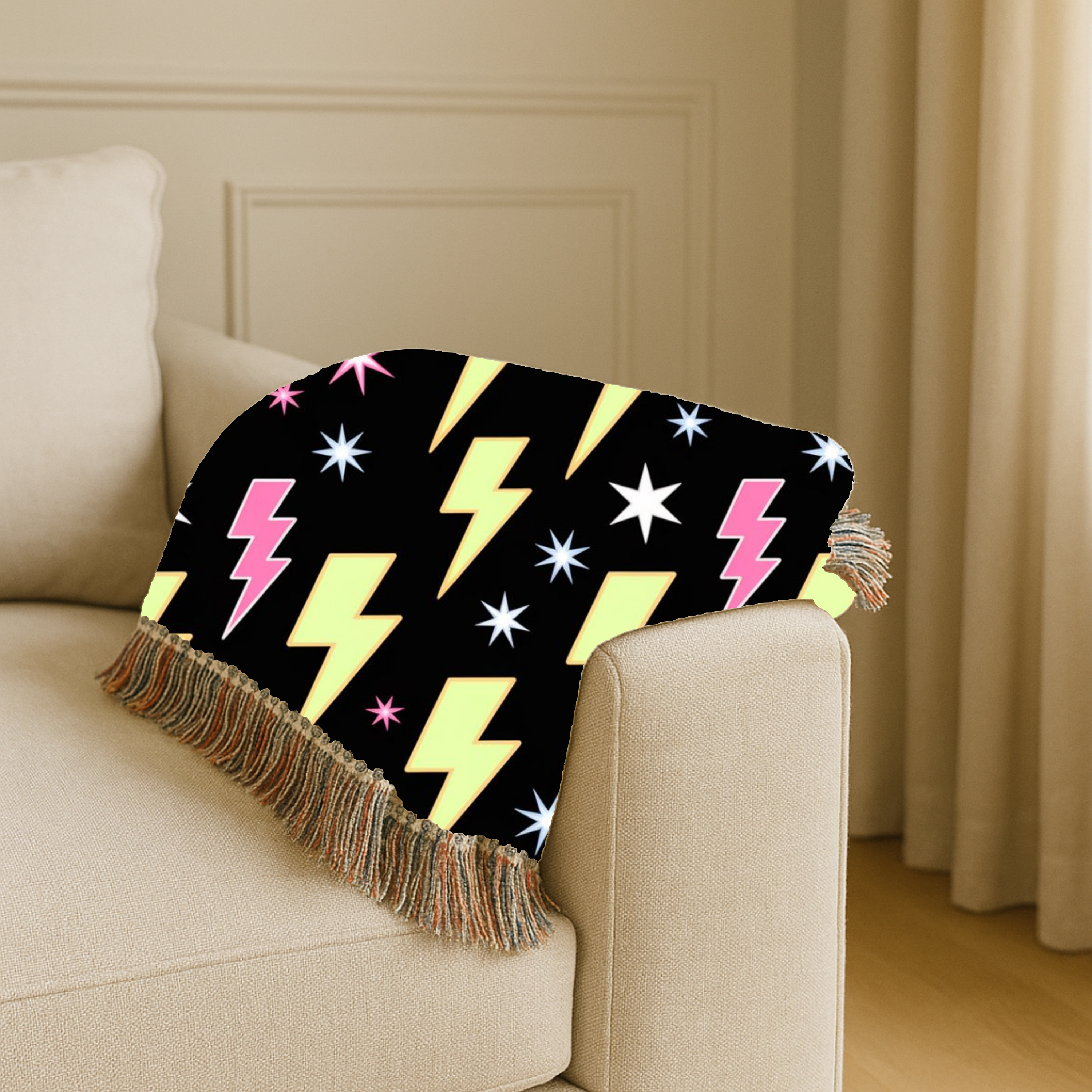 Lightning Strike Throw — 1980s Neon Bolt Woven Blanket