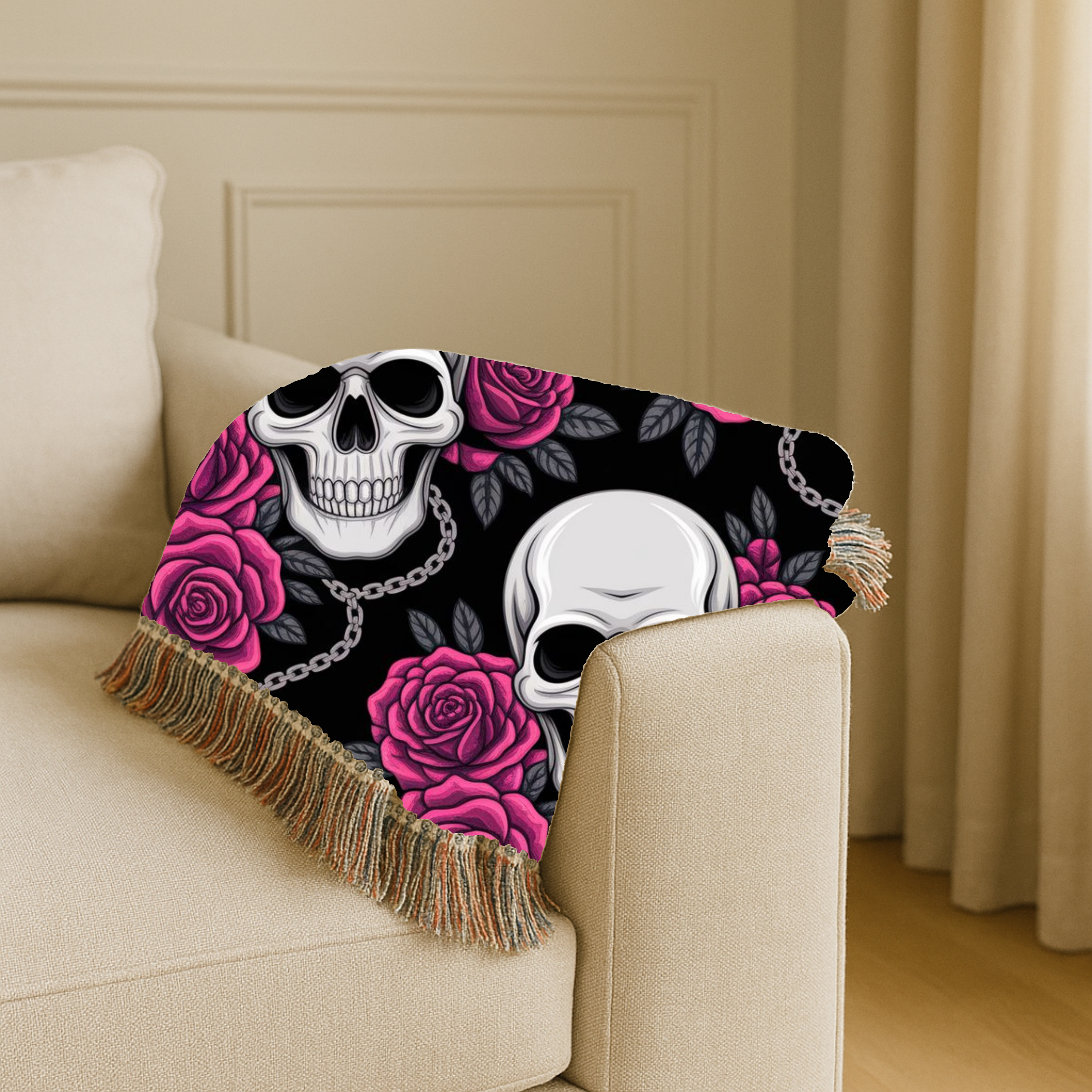 Skull & Roses Throw — 1990s Gothic Skull & Rose Woven Blanket