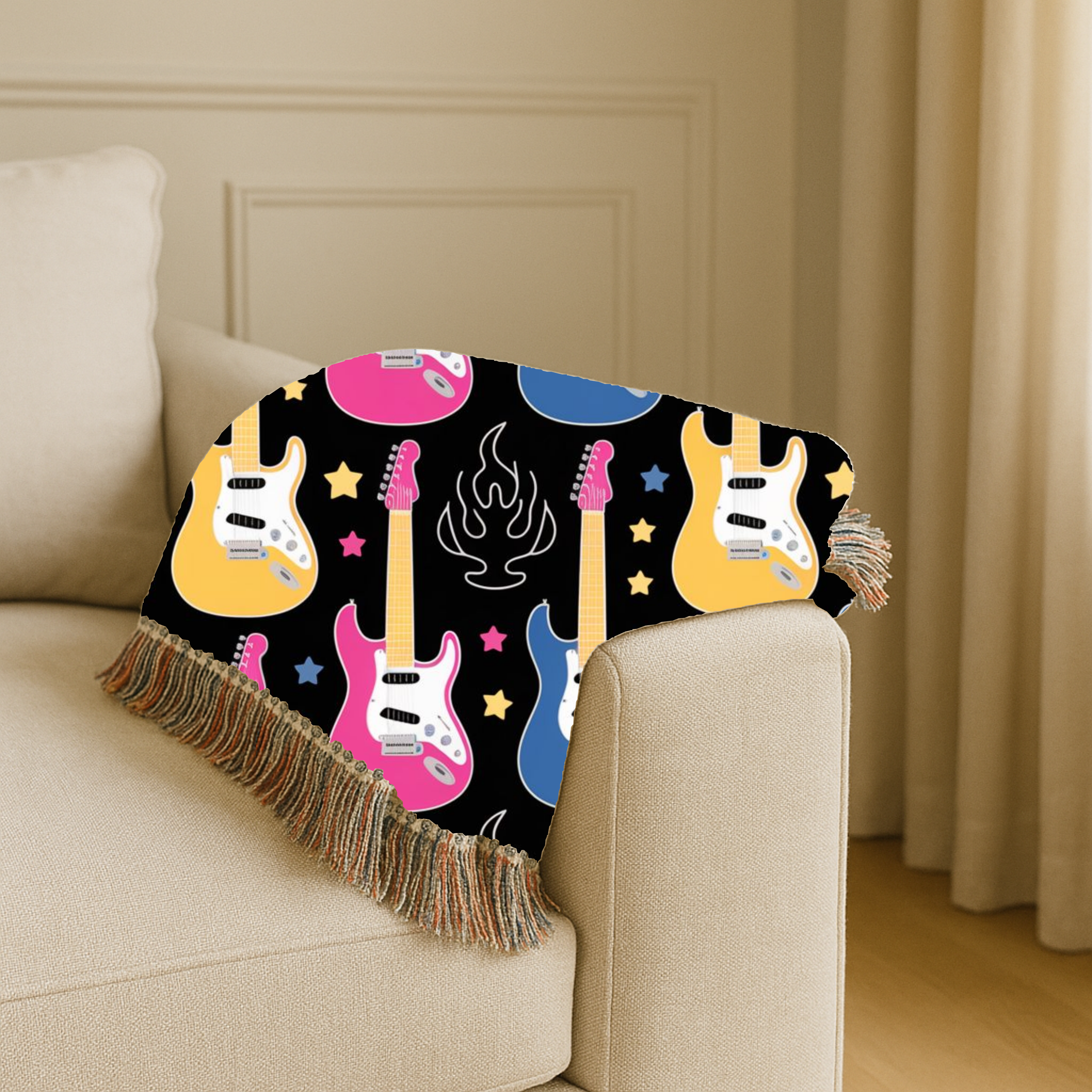 Rock Flame Throw — 1980s Guitar Fire Woven Blanket