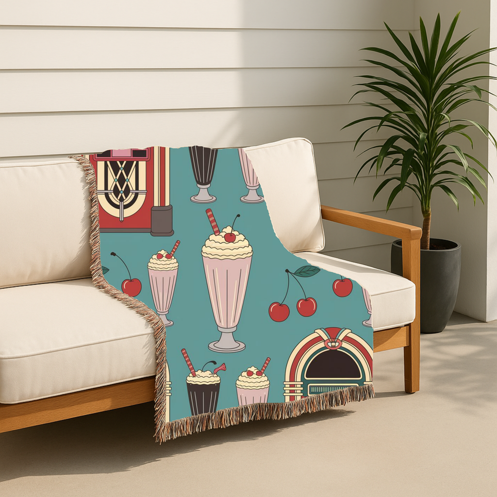 🎵🥤Vanilla Diner Throw — 1950s Jukebox Woven Blanket