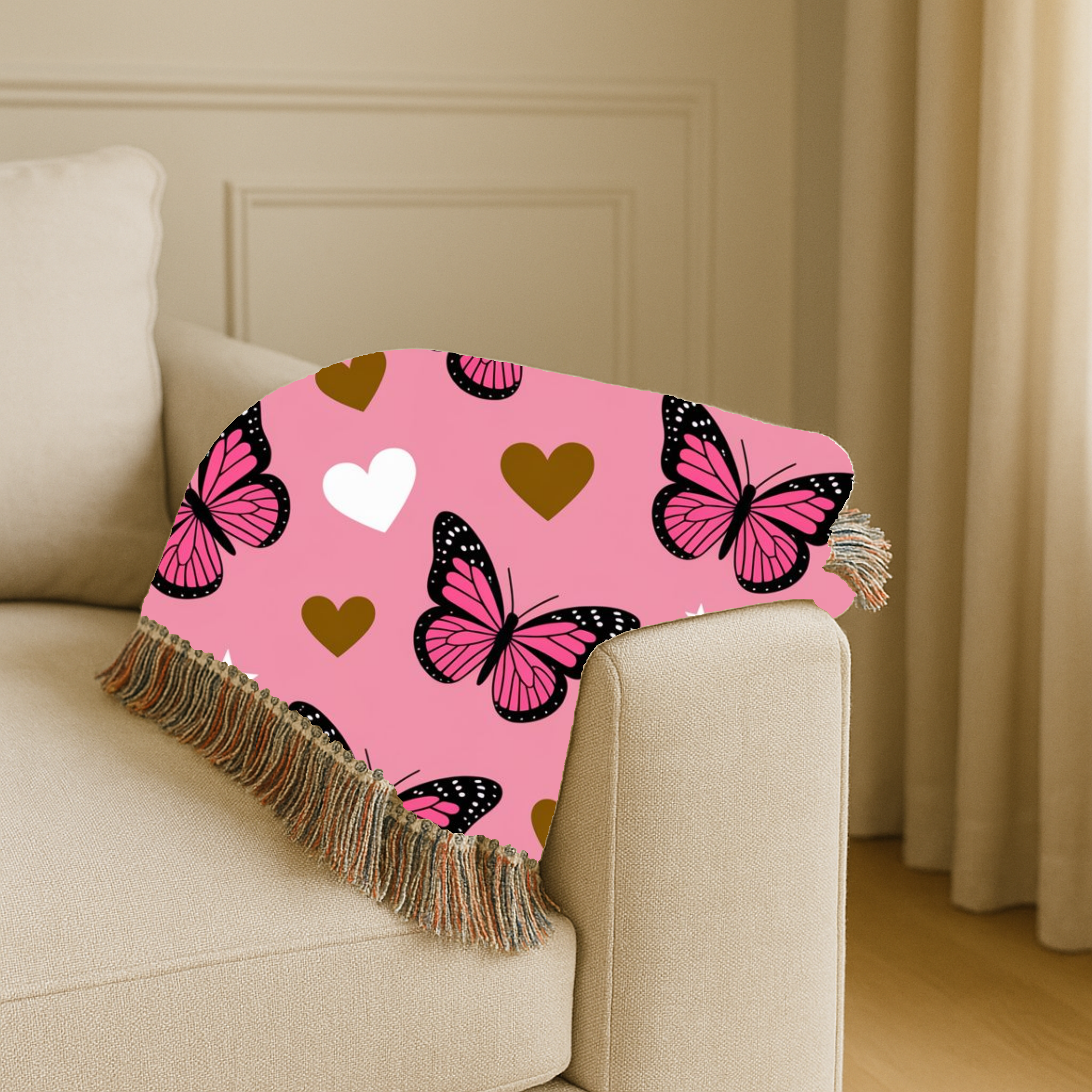 Butterfly Kiss Throw — 2000s Pink Butterfly & Heart Woven Blanket
