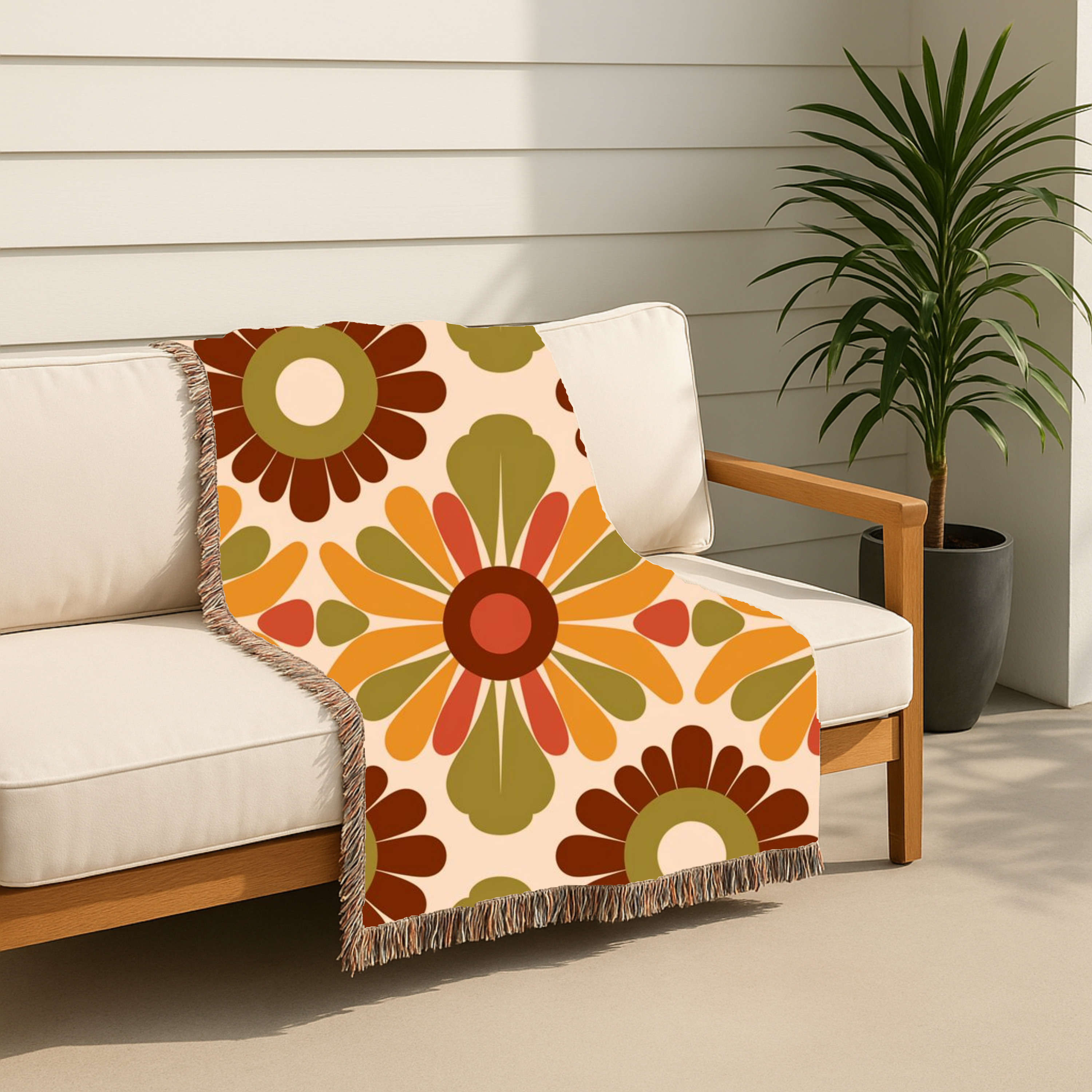 🌼 🌻  Harvest Medallion Throw — 1970s Folk Floral Woven Blanket