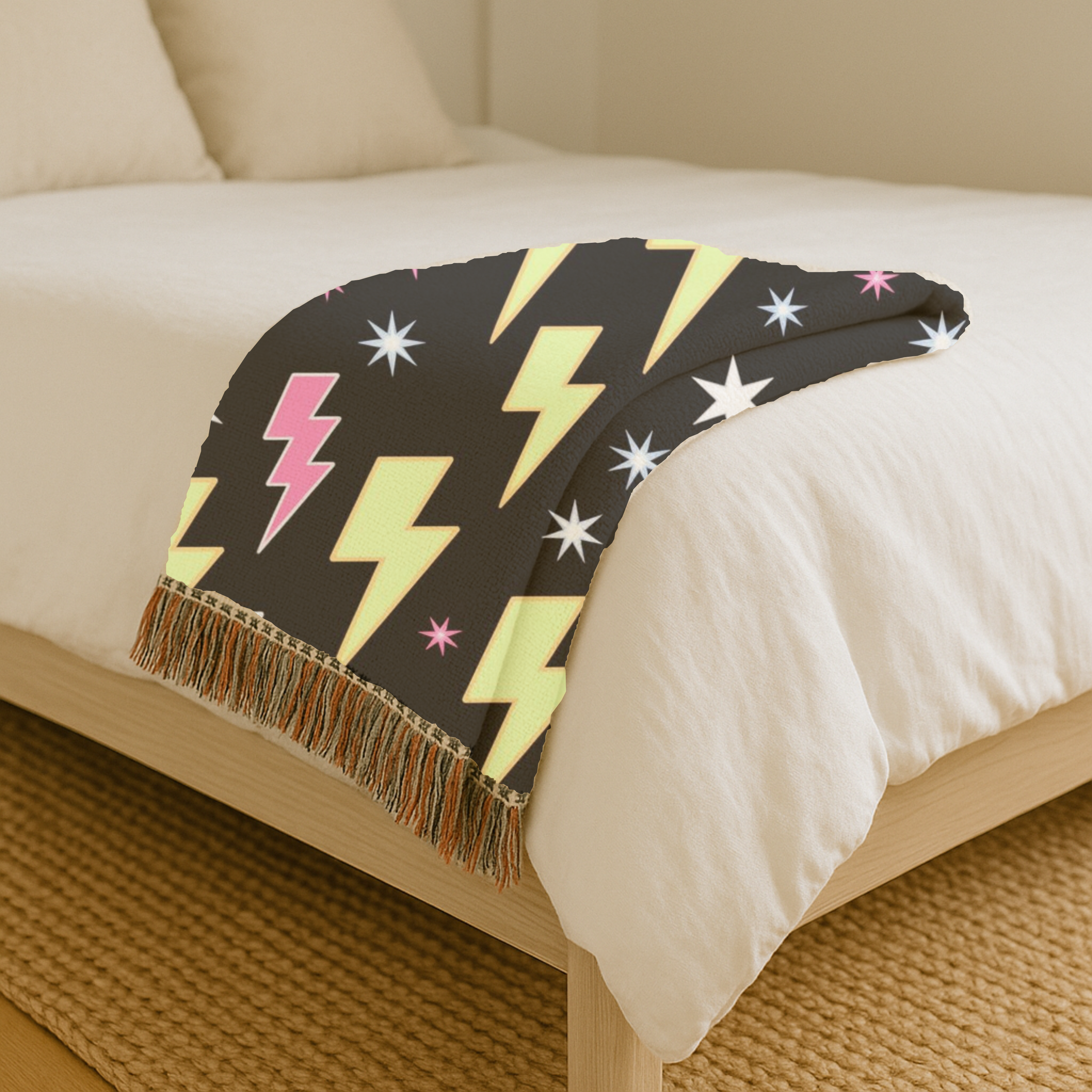 Lightning Strike Throw — 1980s Neon Bolt Woven Blanket