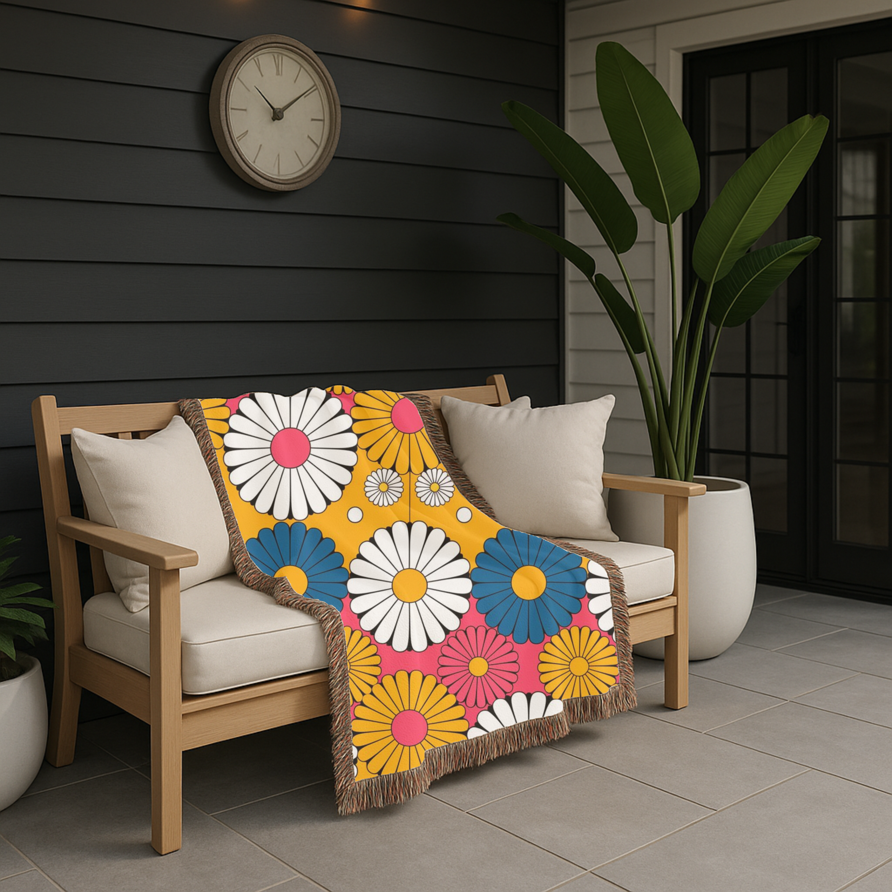 🌼  Mustard Daisy Throw — 1960s Mod Flower Woven Blanket