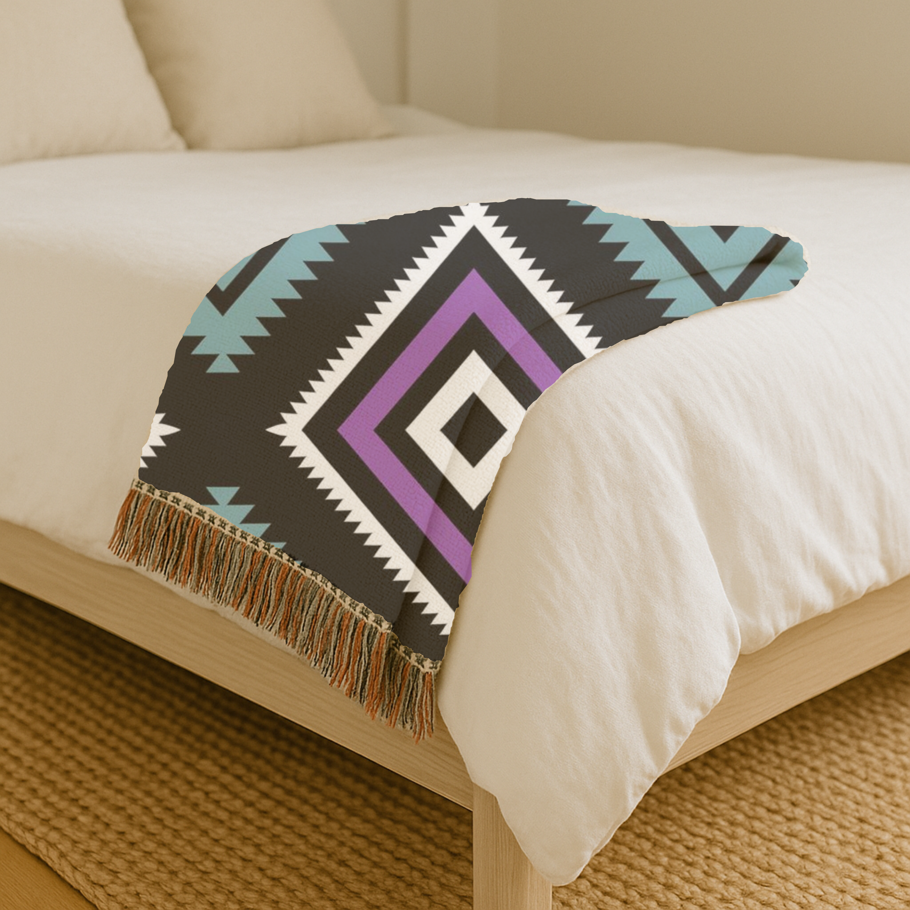 Neon Tribe Throw — 1990s Teal & Purple Geometric Woven Blanket