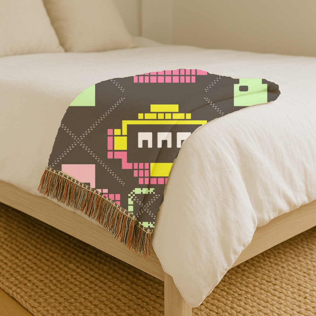 Pixel Robot Throw — 1980s Arcade Game Woven Blanket