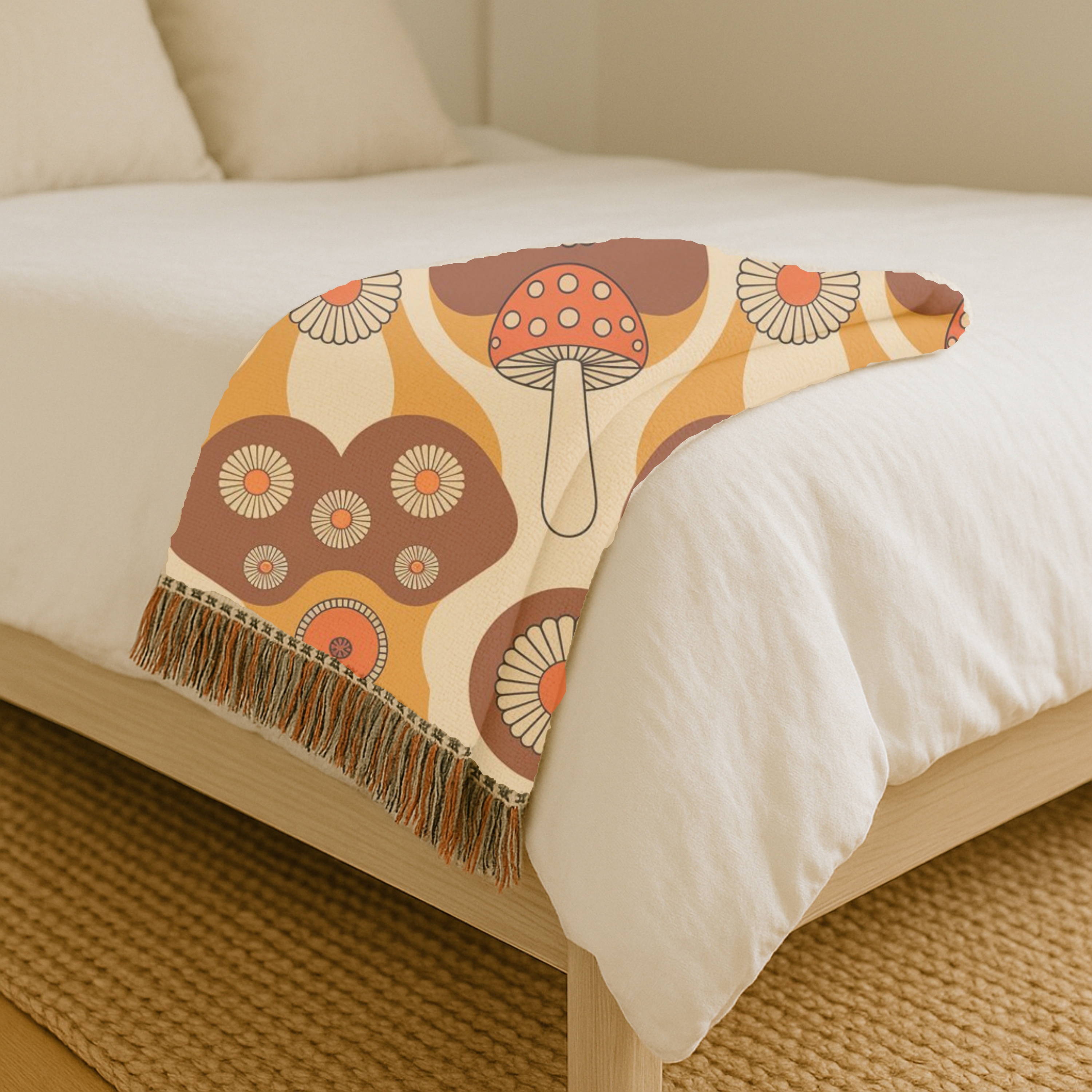 Mushroom Garden Throw — 1970s Retro Fungi Woven Blanket