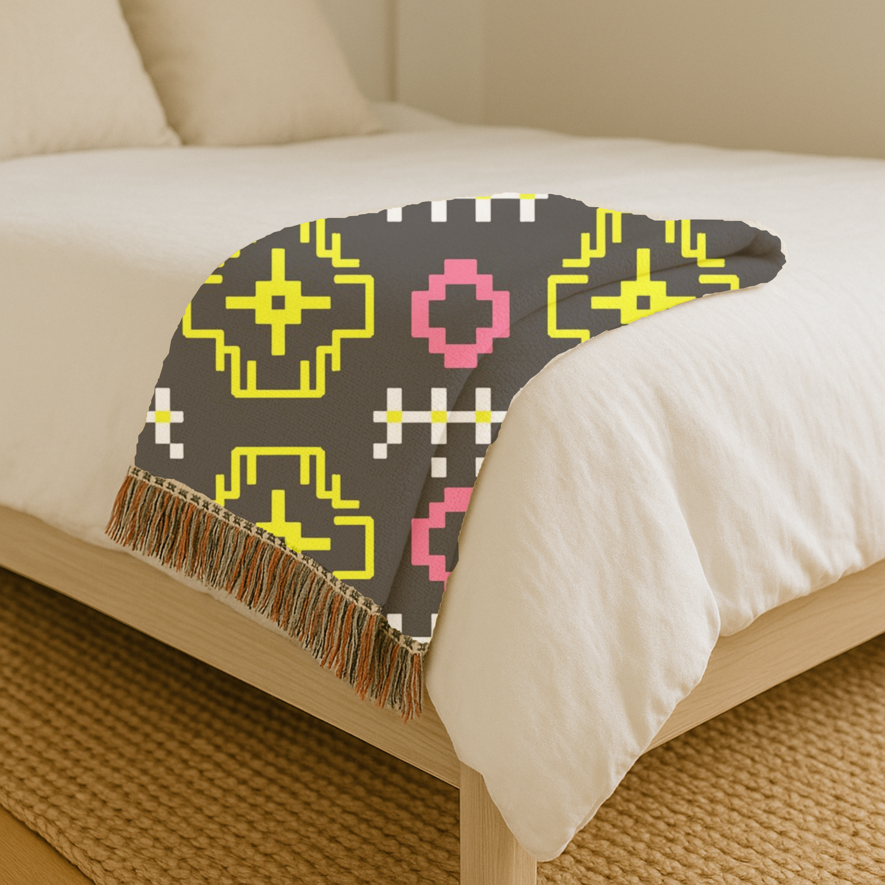 Pixel Bloom Throw — 1980s Arcade Neon Woven Blanket