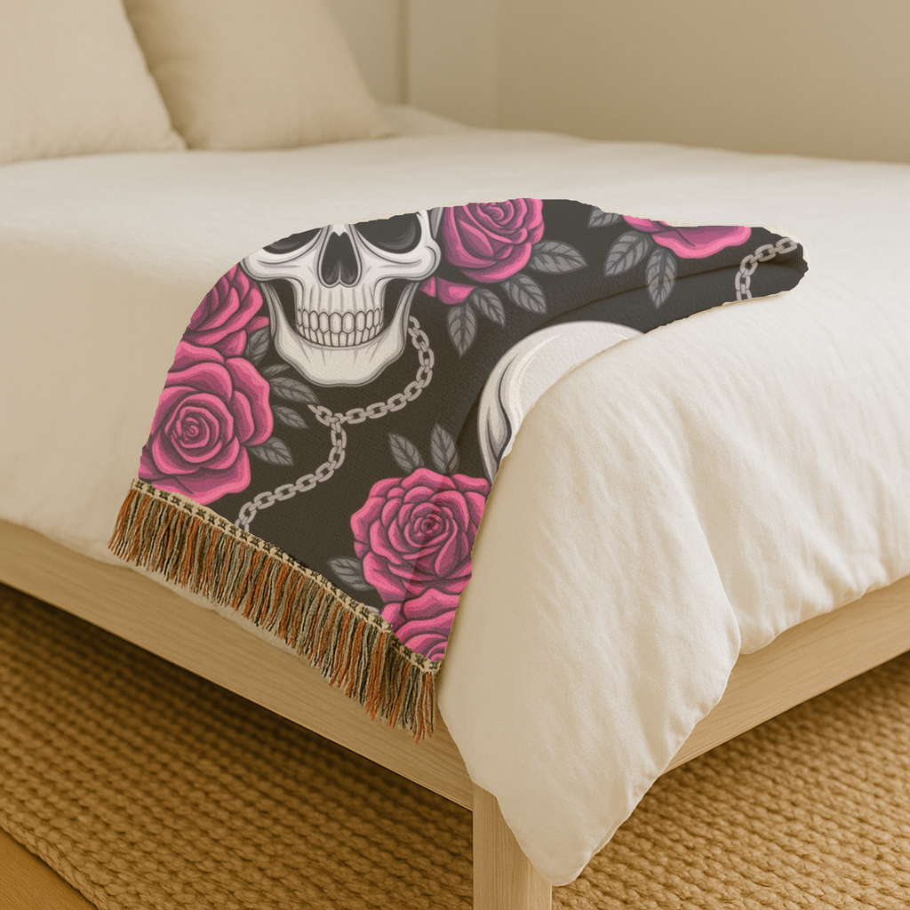 Skull & Roses Throw — 1990s Gothic Skull & Rose Woven Blanket