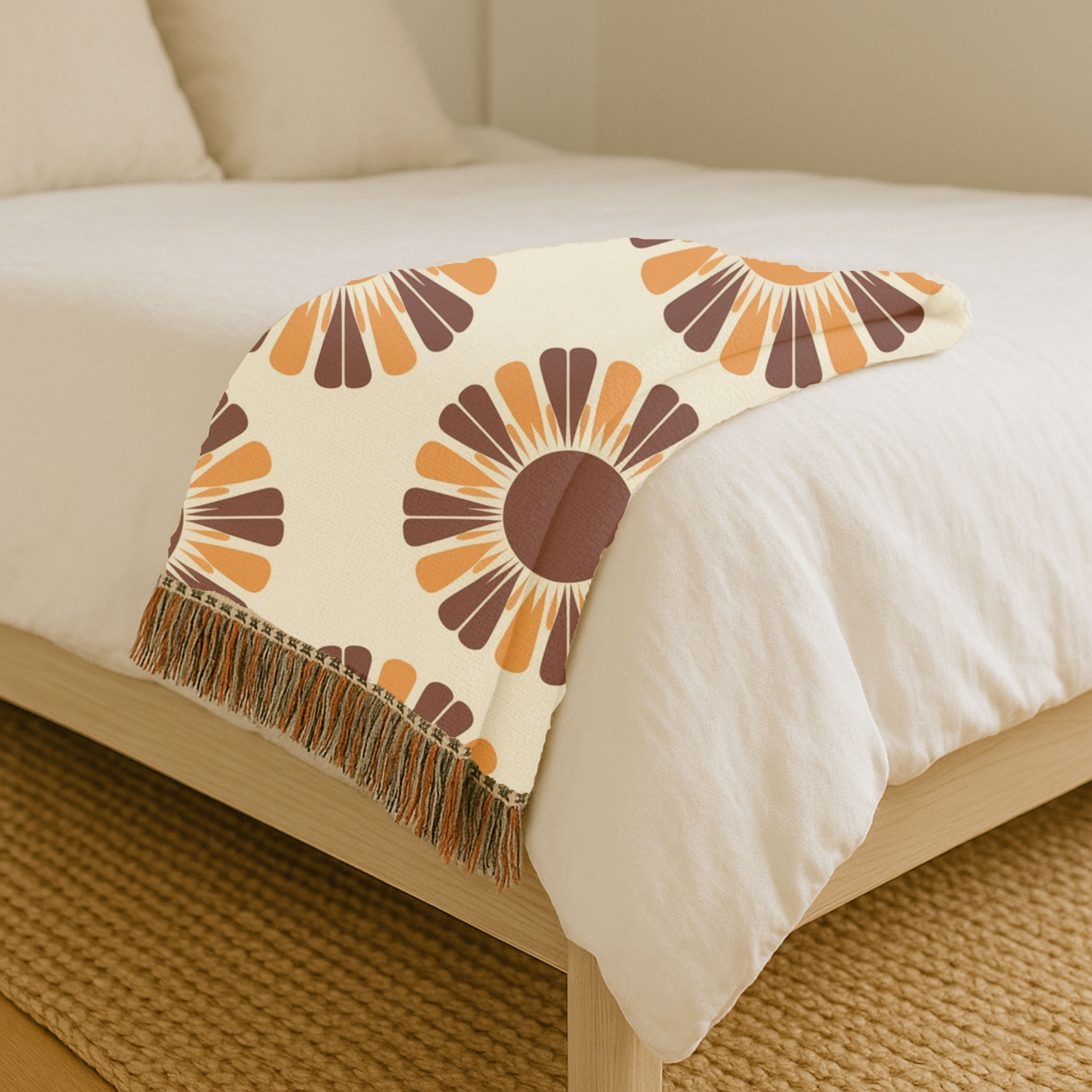 Harvest Sunflower Throw — 1970s Folk Sunflower Woven Blanket