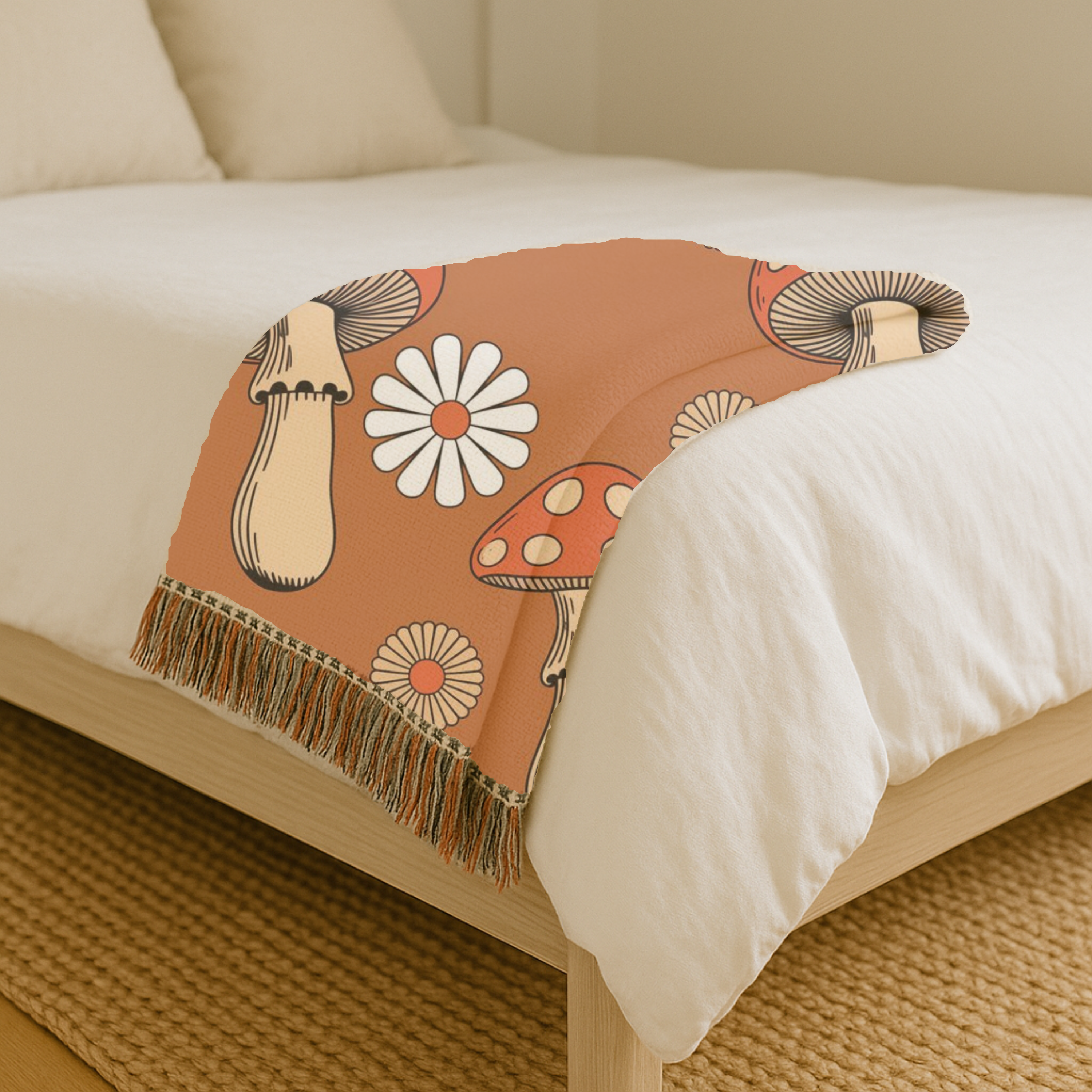 Groovy Mushroom Throw — 1970s Toadstool Daisy Woven Blanket