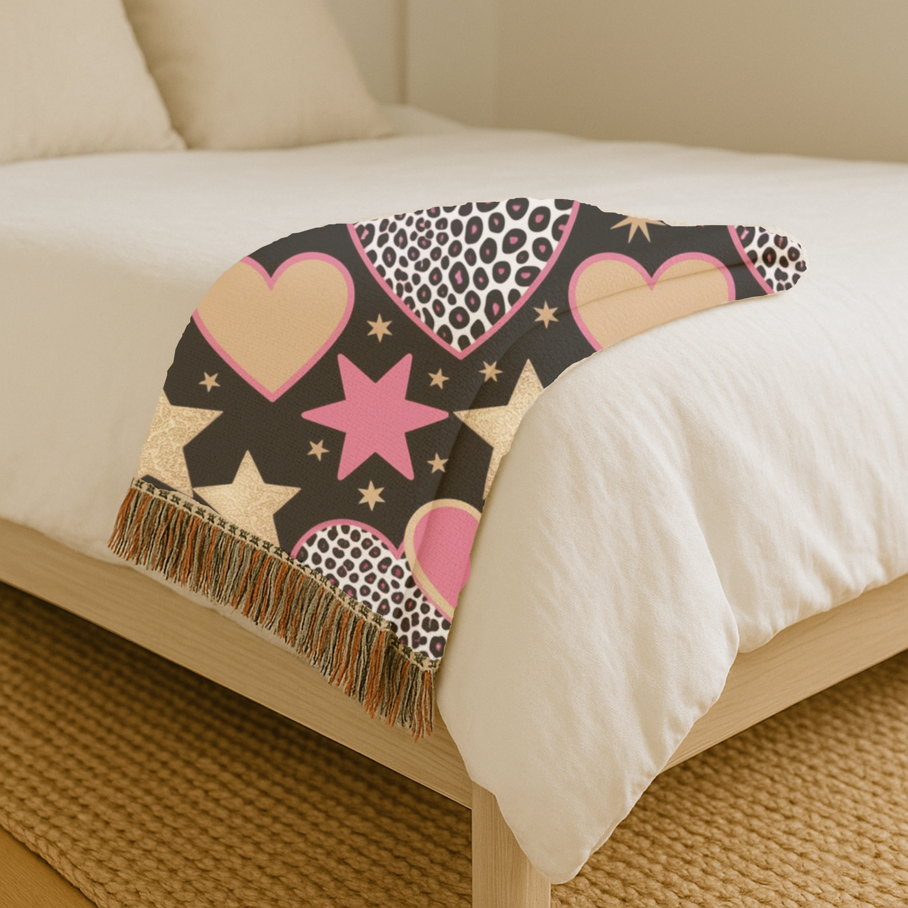 Girl Power Throw — 1990s Leopard Heart & Star Woven Blanket