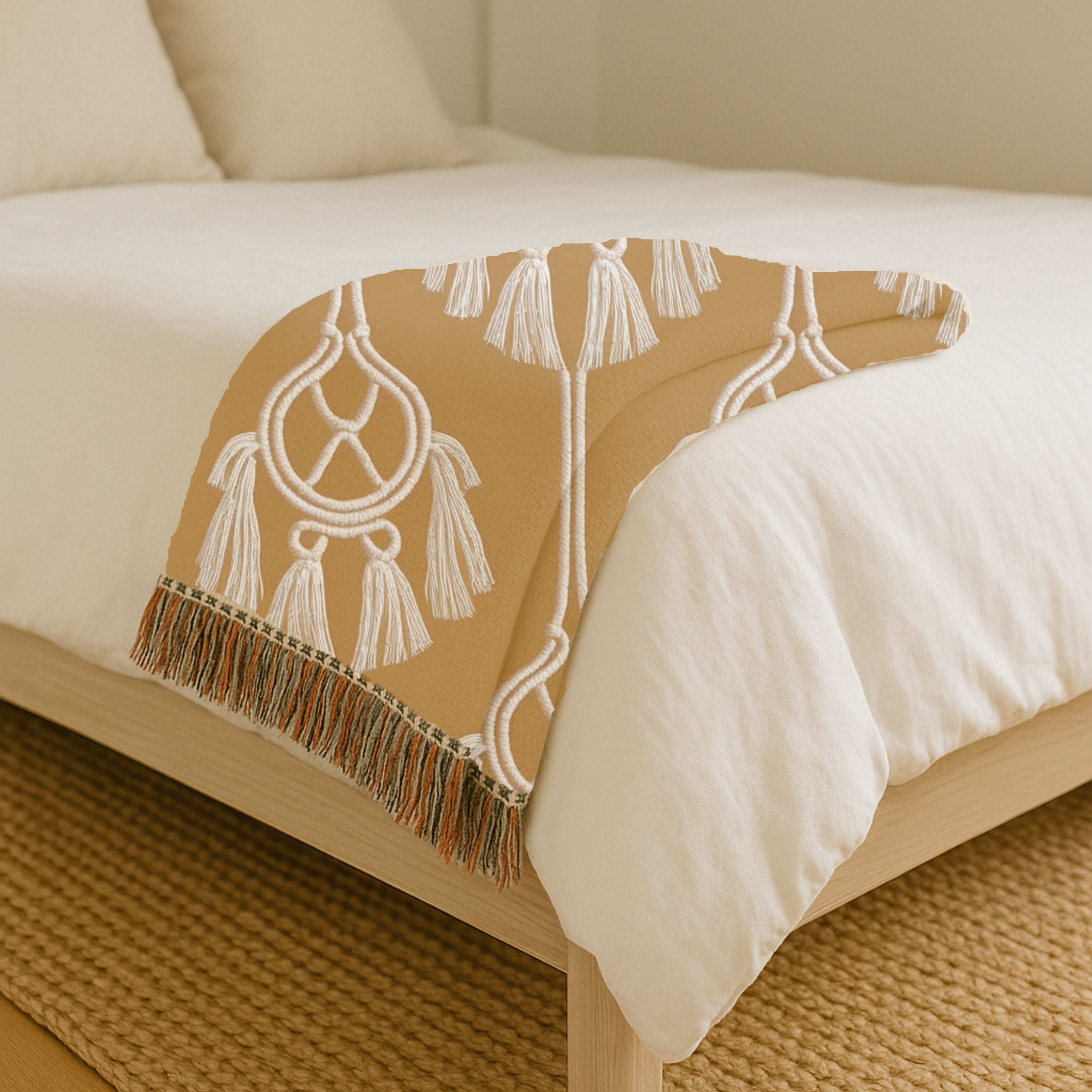Macramé Tassel Throw — 1970s Bohemian Circle Woven Blanket