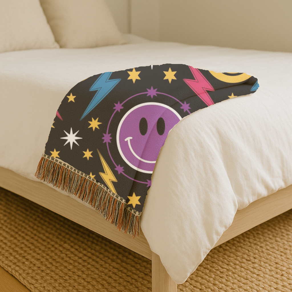 Bolts & Smiles Throw — 1990s Smiley & Lightning Woven Blanket