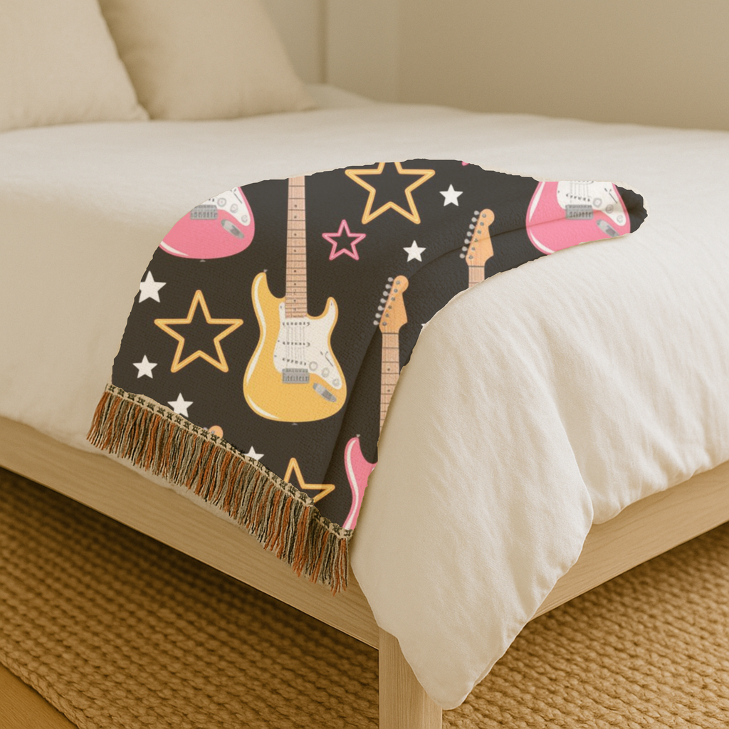 Woven Electric Guitar Throw Blanket | Pink Yellow Blue Black Stars, 1980s Rock Décor