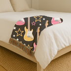 Woven Electric Guitar Throw Blanket | Pink Yellow Blue Black Stars, 1980s Rock Décor