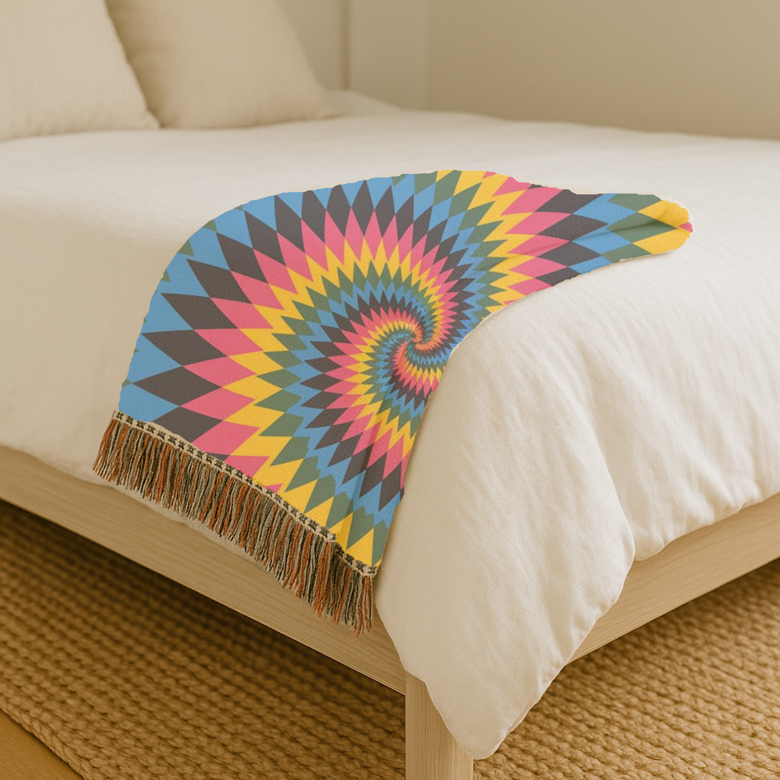 Spectrum Throw — 1990s Rainbow Spiral Woven Blanket