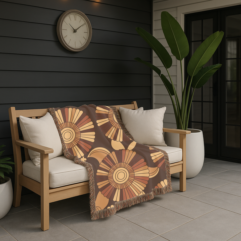 🌻  Tawny Bloom Throw — 1970s Art Nouveau Woven Blanket