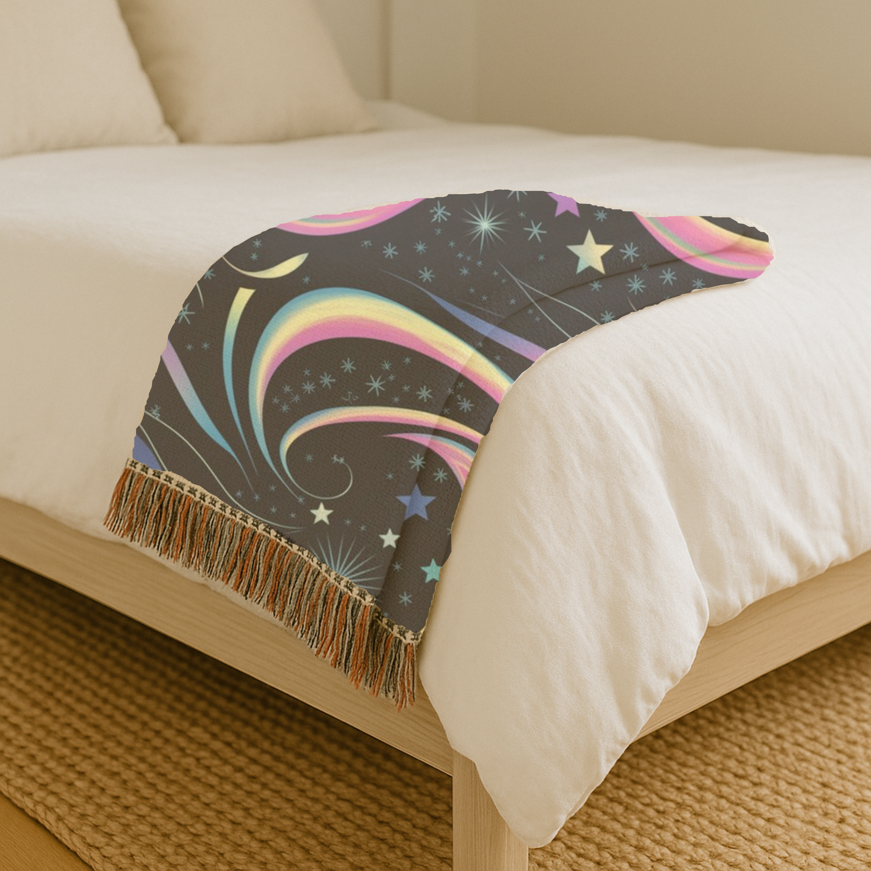 Stardust Throw — 2000s Y2K Rainbow Star Swirl Woven Blanket