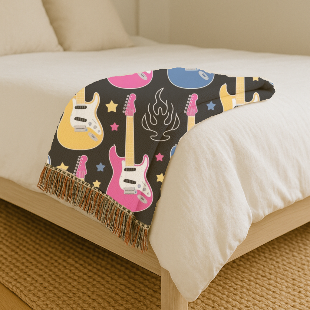 Rock Flame Throw — 1980s Guitar Fire Woven Blanket