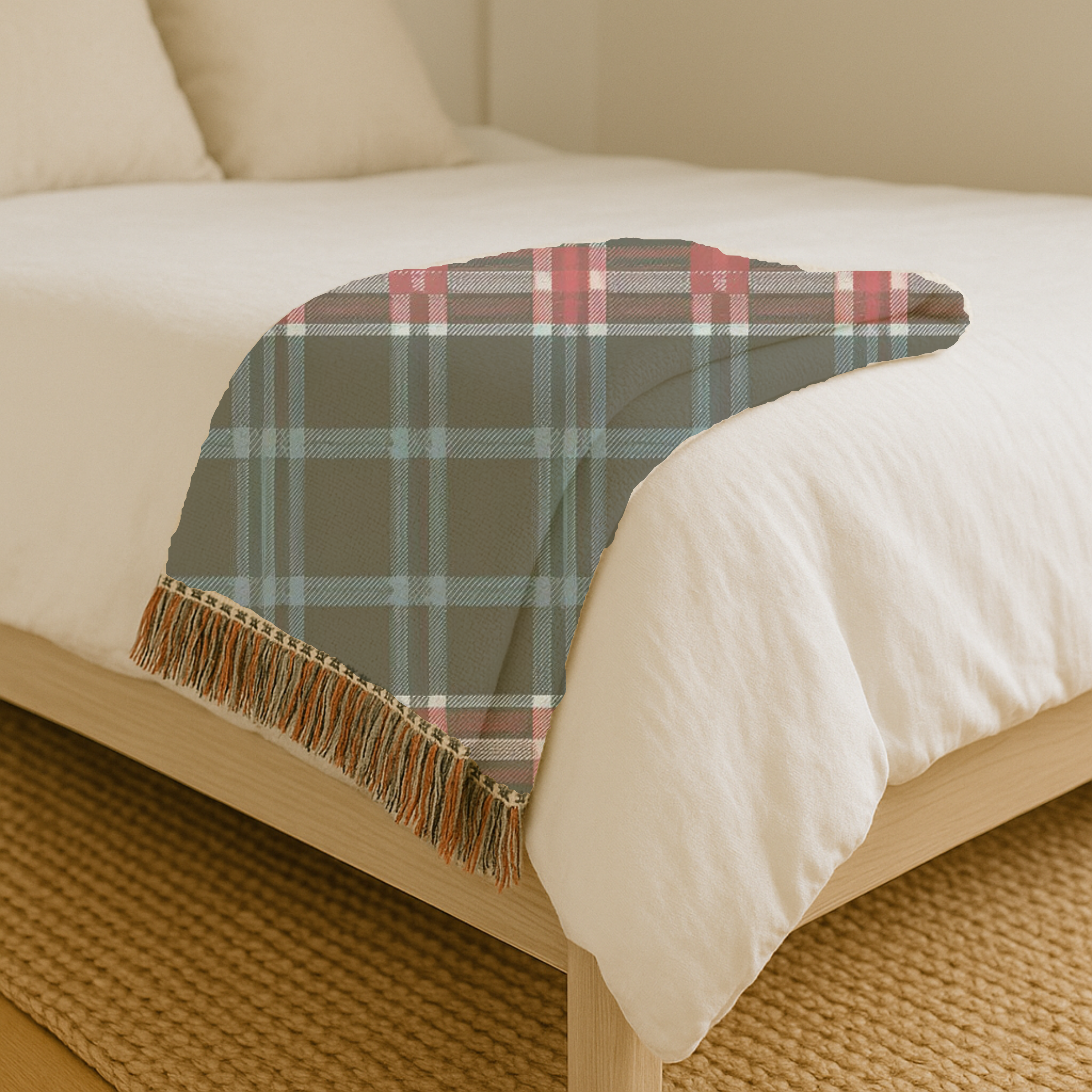 Electric Tartan Throw — 1990s Teal & Red Plaid Woven Blanket