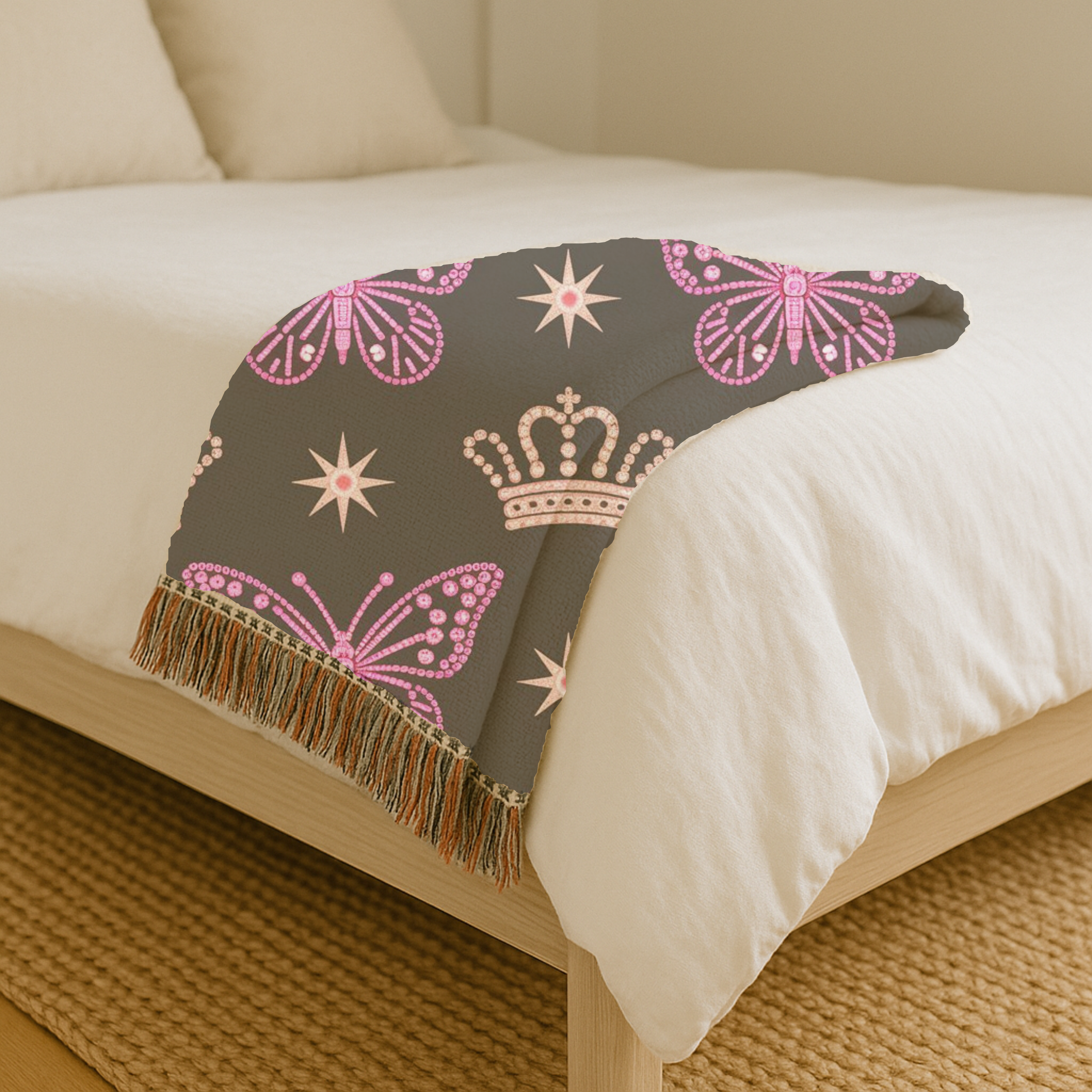 Crown & Wings Throw — 2000s Y2K Butterfly Crown Woven Blanket