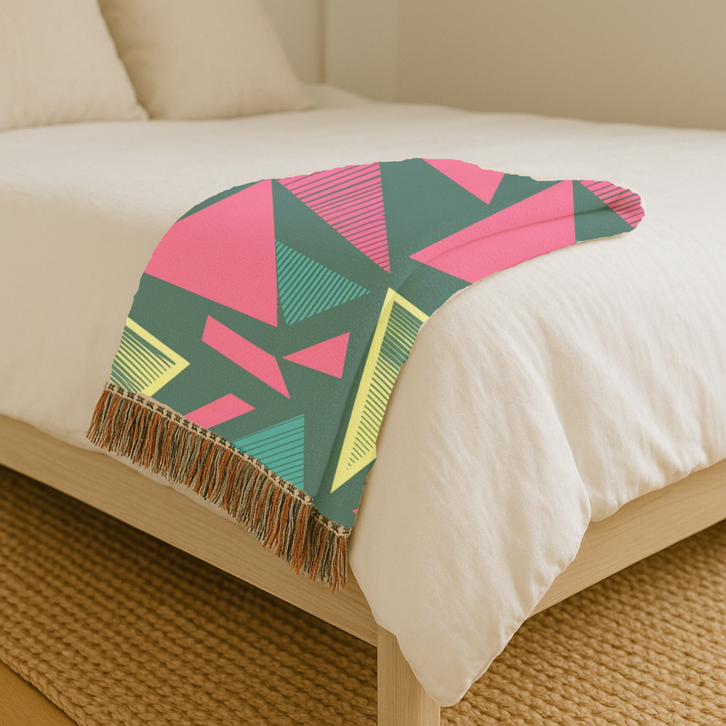 Neon Triangle Throw — 1980s Memphis Geometric Woven Blanket